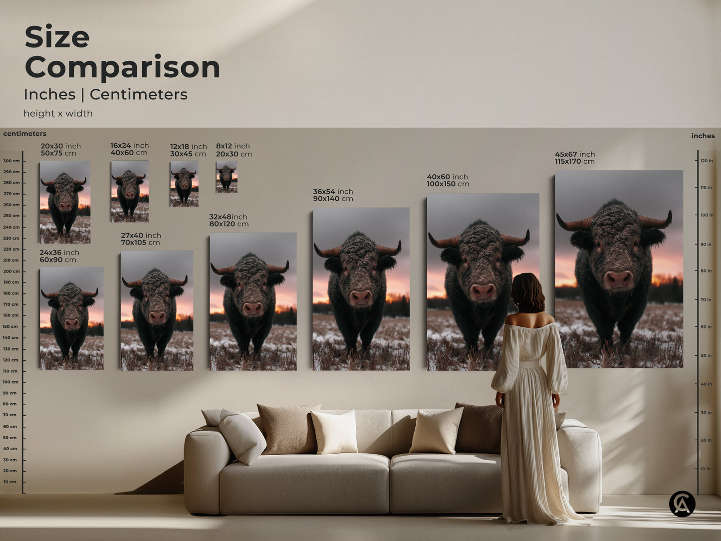 Size comparison of rustic bull art in inches and centimeters. Visualize the impact of canvas and poster prints in various sizes. Perfect wildlife animal art for your home. Enhance your living room or bedroom decor. Brown gray pink art to complement your style.