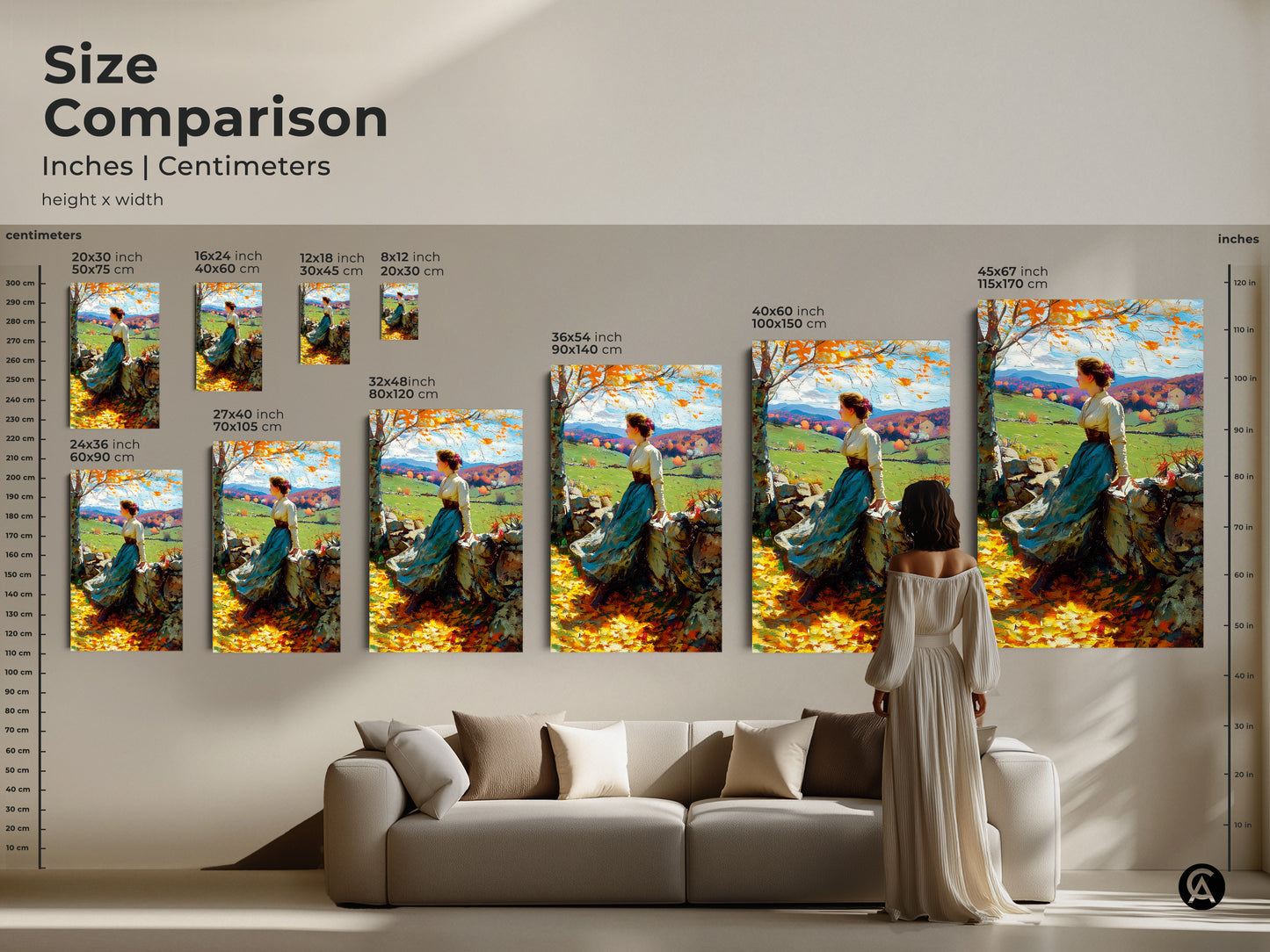 Compare sizes of this artwork featuring a woman in an autumn landscape. View the art piece in various dimensions in inches and centimeters. The sizes range from small to large. See how it fits above a sofa. Envision the perfect scale for your art collection.
