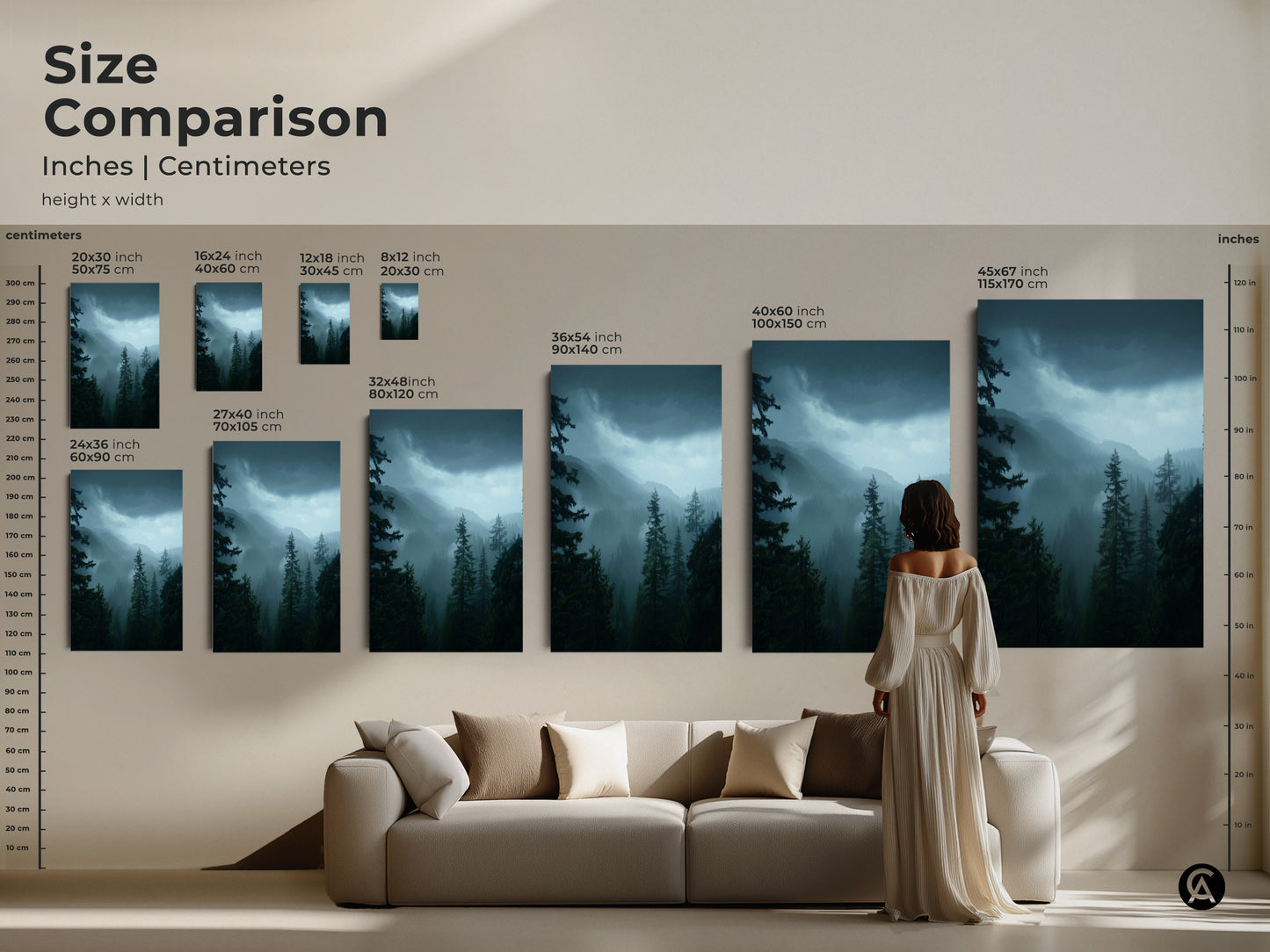 Size comparison of dark green forest wall artwork. See how the blue misty mountain art fits above a sofa. Visualize various sizes in inches and centimeters. Choose the ideal pine tree landscape print for your home decor. Transform your living space with atmospheric nature canvas.