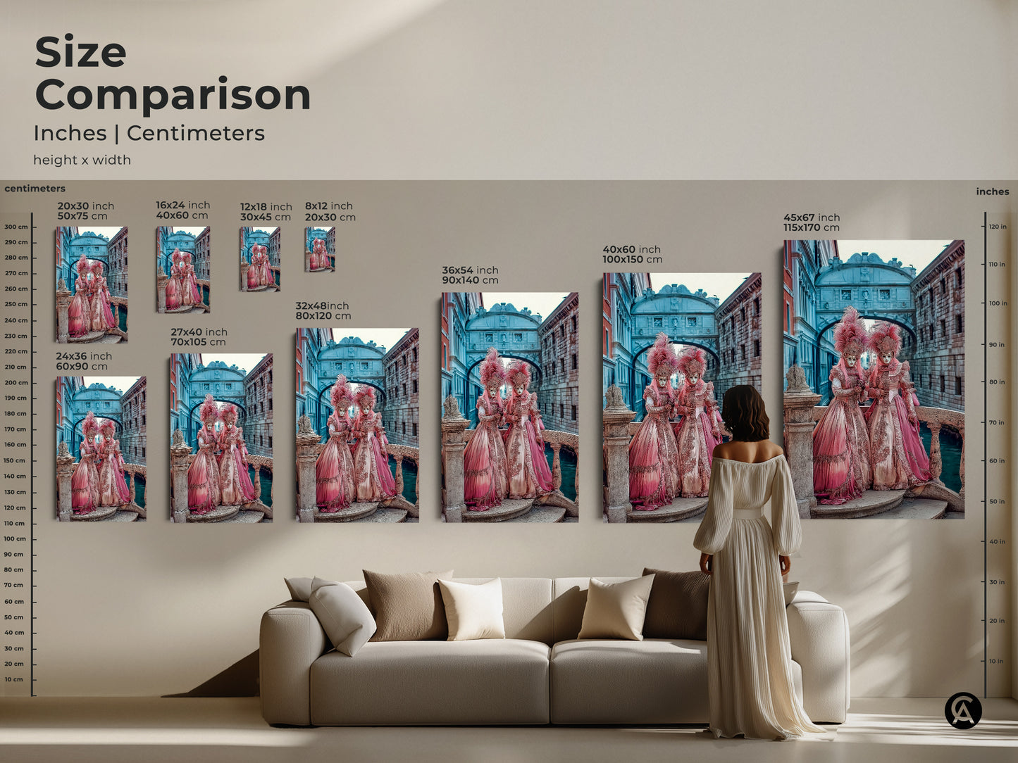 Size comparison of Venetian Carnival artwork. See the artwork in various sizes in inches and centimeters. All sizes are displayed in a living room scene. This helps you visualize the artwork in your space.