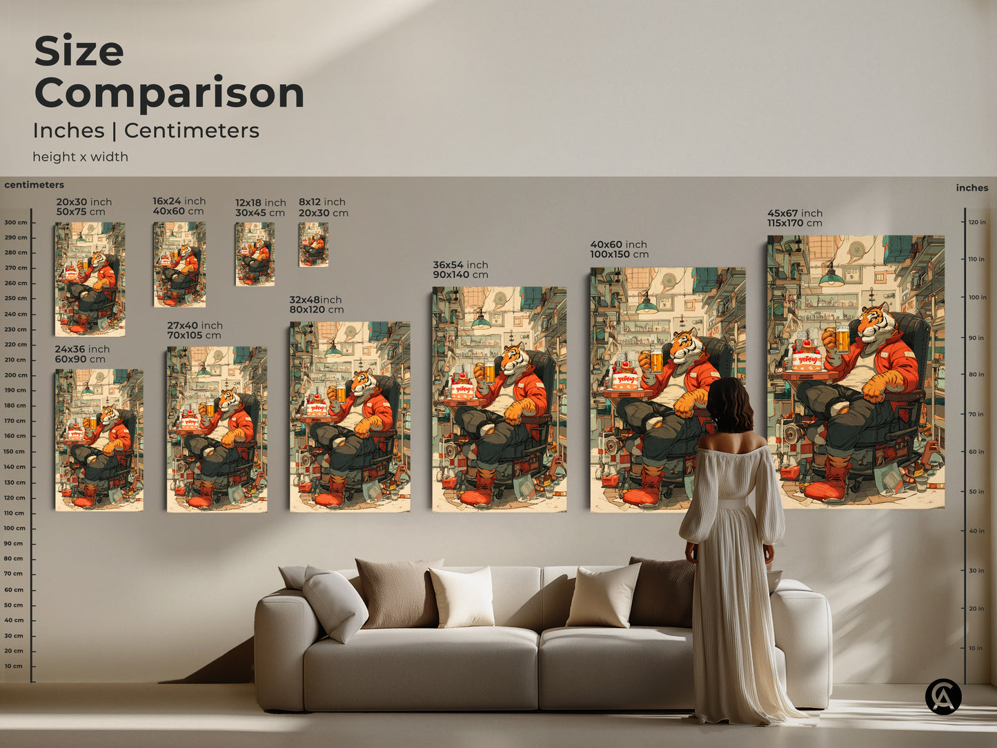 Size comparison of tiger artwork. Available in multiple sizes. This funny tiger illustration is ideal for eclectic home artwork. The cartoon animal wall art makes a unique gift for a friend. Find the perfect size for your space.