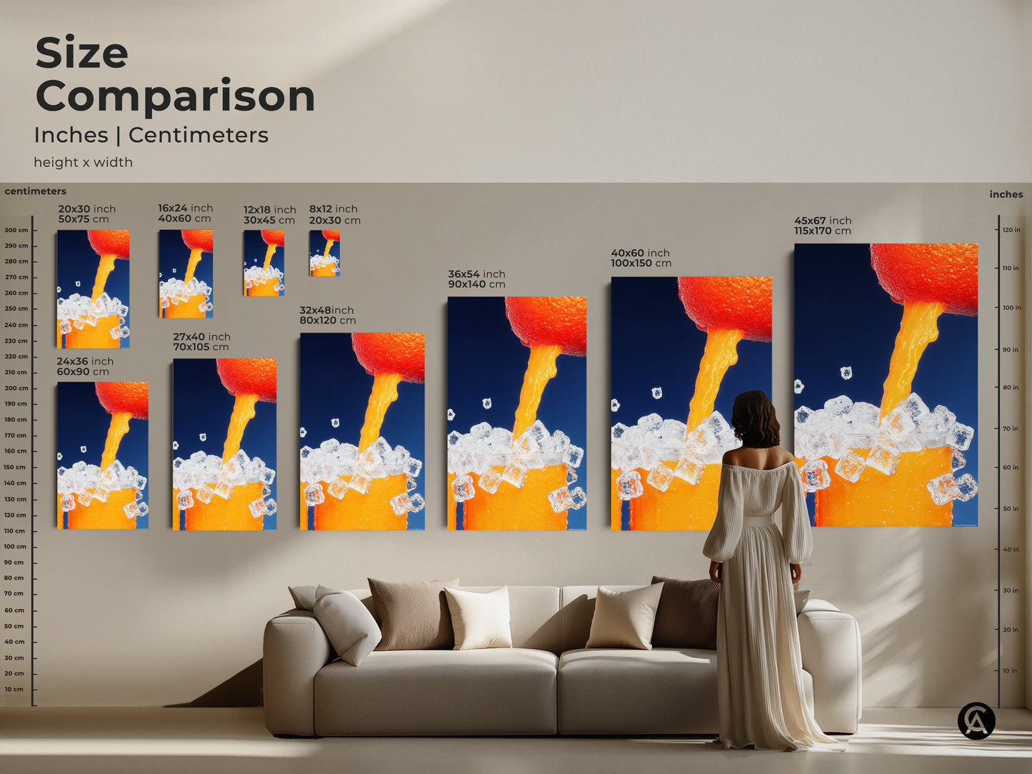 Size comparison of abstract orange juice artwork. See how different sizes fit above a sofa. Choose the perfect canvas or poster print for your home. This modern minimalist art will enhance any living space.