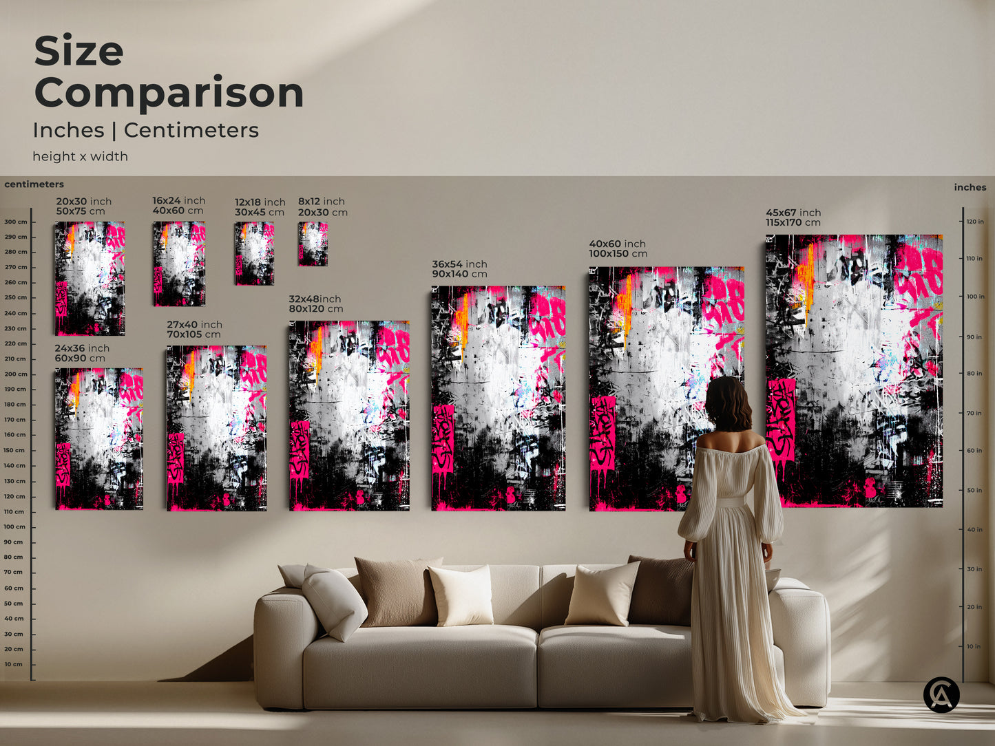 Size comparison of graffiti artwork in inches and centimeters. Visualize the impact of different sizes in your living space. Choose the ideal size for canvas or poster prints.