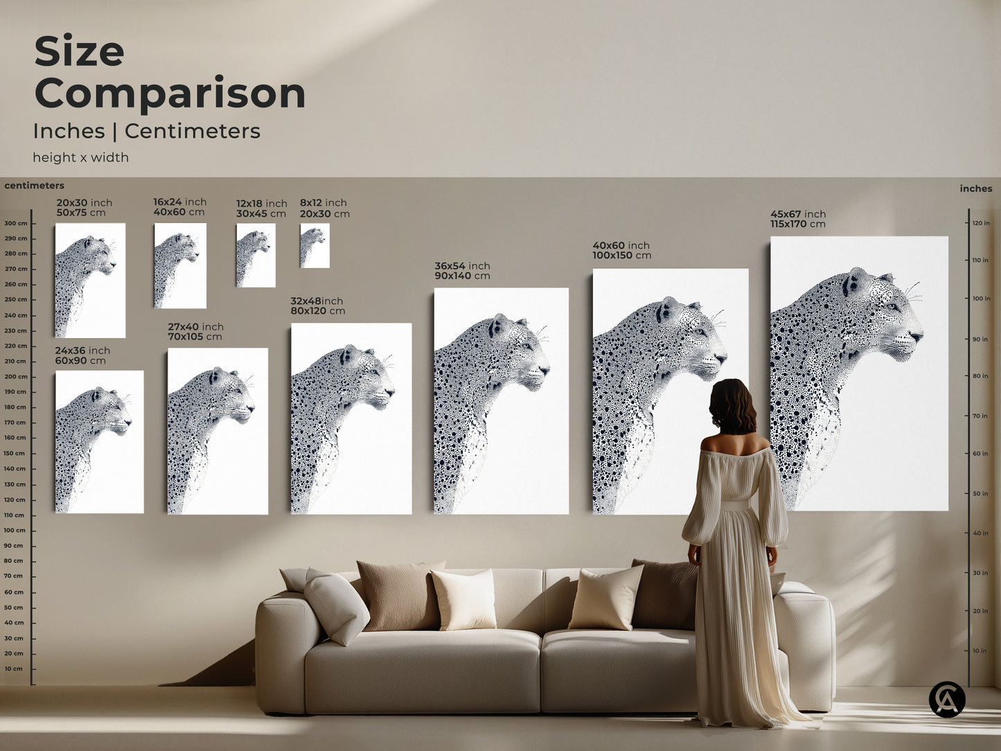 Size comparison of leopard artwork prints. See how different sizes enhance your space. Perfect for over a sofa or as a statement piece. Choose from a range of sizes for canvas and poster prints. Transform your home with wildlife-inspired artwork.