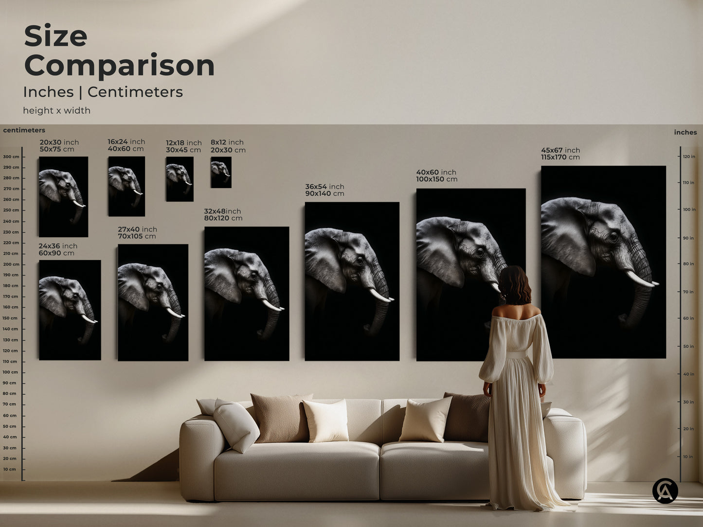 Size comparison of monochrome elephant art in inches and centimeters. See how the black and white wildlife print looks above a sofa. Choose from various sizes to enhance your contemporary animal decor. Perfect for animal lovers seeking elegant art.