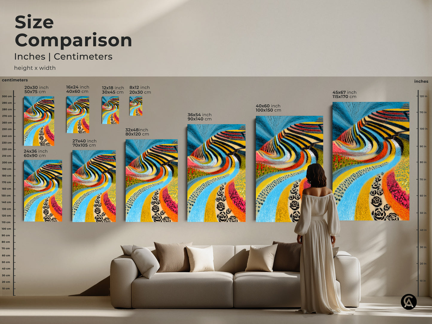 Size comparison of folk art landscape prints. Abstract blue river artwork in various dimensions. Visualize sizes in inches and centimeters. Great wall decor for any living space. Perfect housewarming gift idea. See how the colorful canvas art fits with residential wall art decor.