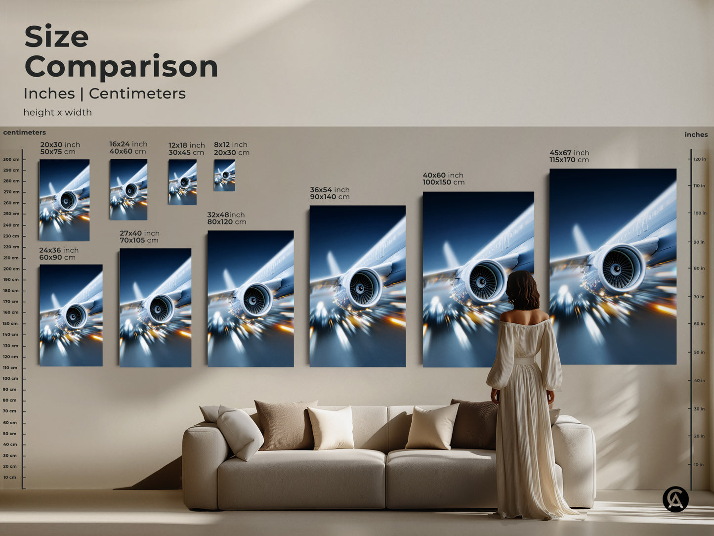 Size comparison of jet engine artwork in various dimensions. See how the canvas print looks above a sofa. Visualize the impact of this modern aviation artwork in your living space.