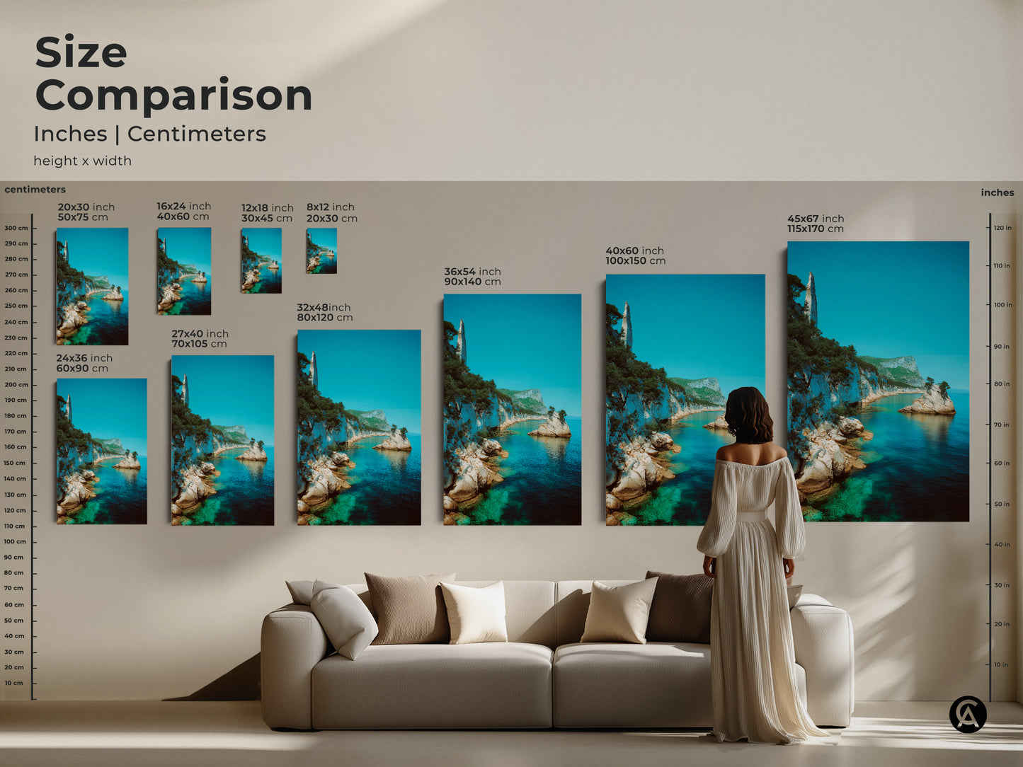 Compare sizes to find the ideal azure ocean cliff art for your space. The turquoise coastal artwork is available in various dimensions on canvas or poster. See how each size transforms a living room in this detailed size comparison. Perfect for beach lovers this piece enhances any home decor.