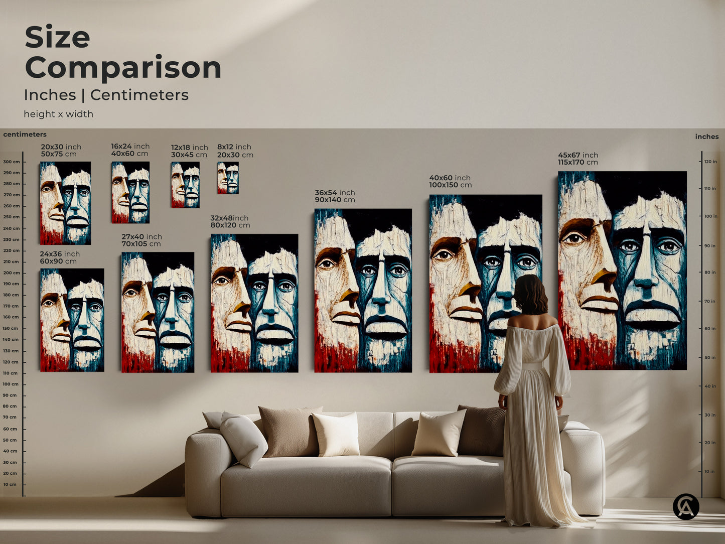 Size comparison of abstract men portrait art. See inches and centimeters for canvas and posters. Visualize the artwork in your living space. This artwork makes a striking wall decor statement. Perfect art for collectors and home decorators alike.