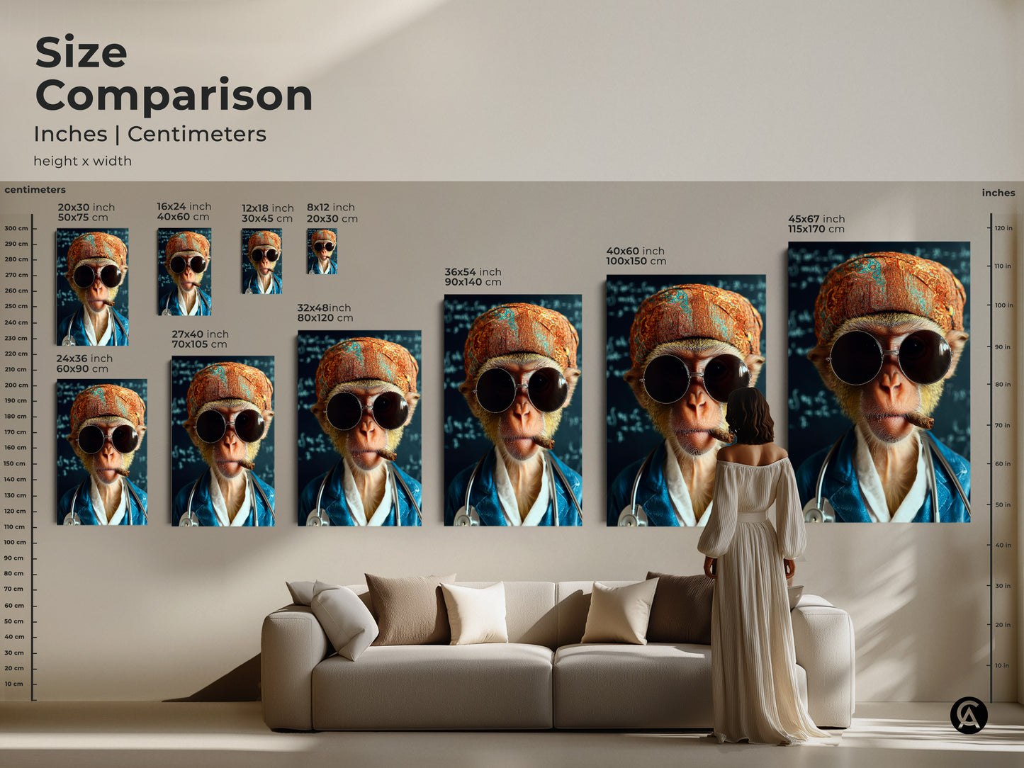 Size Comparison of the monkey doctor artwork in inches and centimeters. See how the art scales next to furniture and a model. Find the perfect size for this unique piece. This surreal animal art is a great conversation starter.