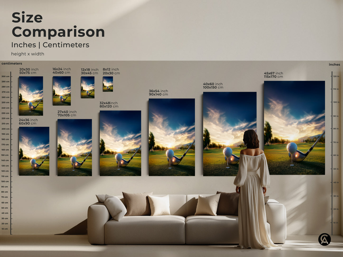 Size comparison of golf course art prints. See how the artwork scales next to furniture and a person. Available in various sizes to fit different spaces. Choose the ideal size for your home or office.