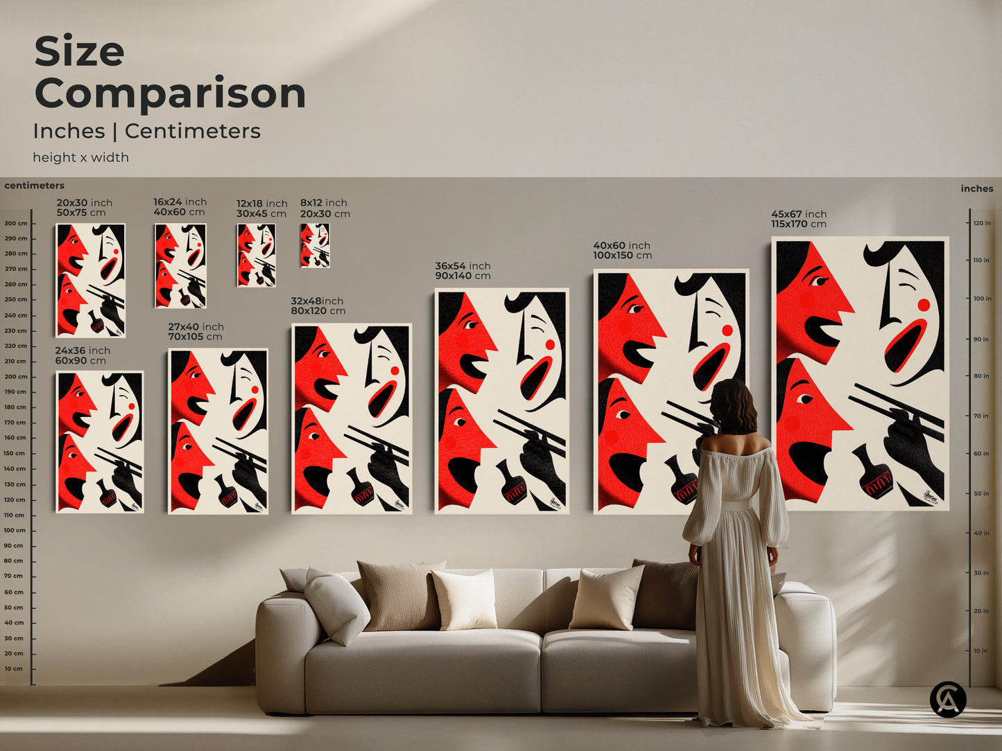 Size comparison of abstract face artwork in inches and centimeters. See how the art transforms spaces from small to large. This artwork is available on canvas or poster. This red cream black piece is a modern eclectic decor. It's a great addition to your home. Shop the abstract print today.