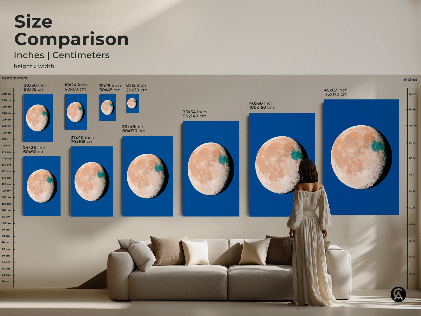 Size comparison for abstract planet art. Visualize the scale of celestial moon decor in inches and centimeters. See blue orange teal space wall art above a couch. Understand the impact of surreal minimalist bedroom art sizes.