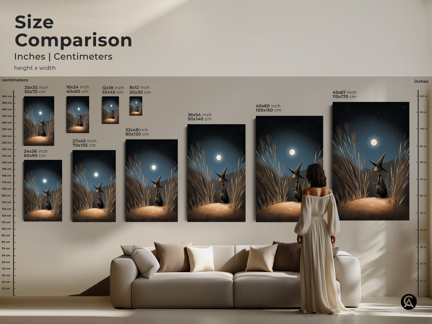 Size Comparison In Inches and Centimeters. This fantasy wall art depicts a witch gazing at the moonlight. Navy Blue Gold Moonlight Canvas. The artwork is perfect as a Halloween Occasion Gift for her.