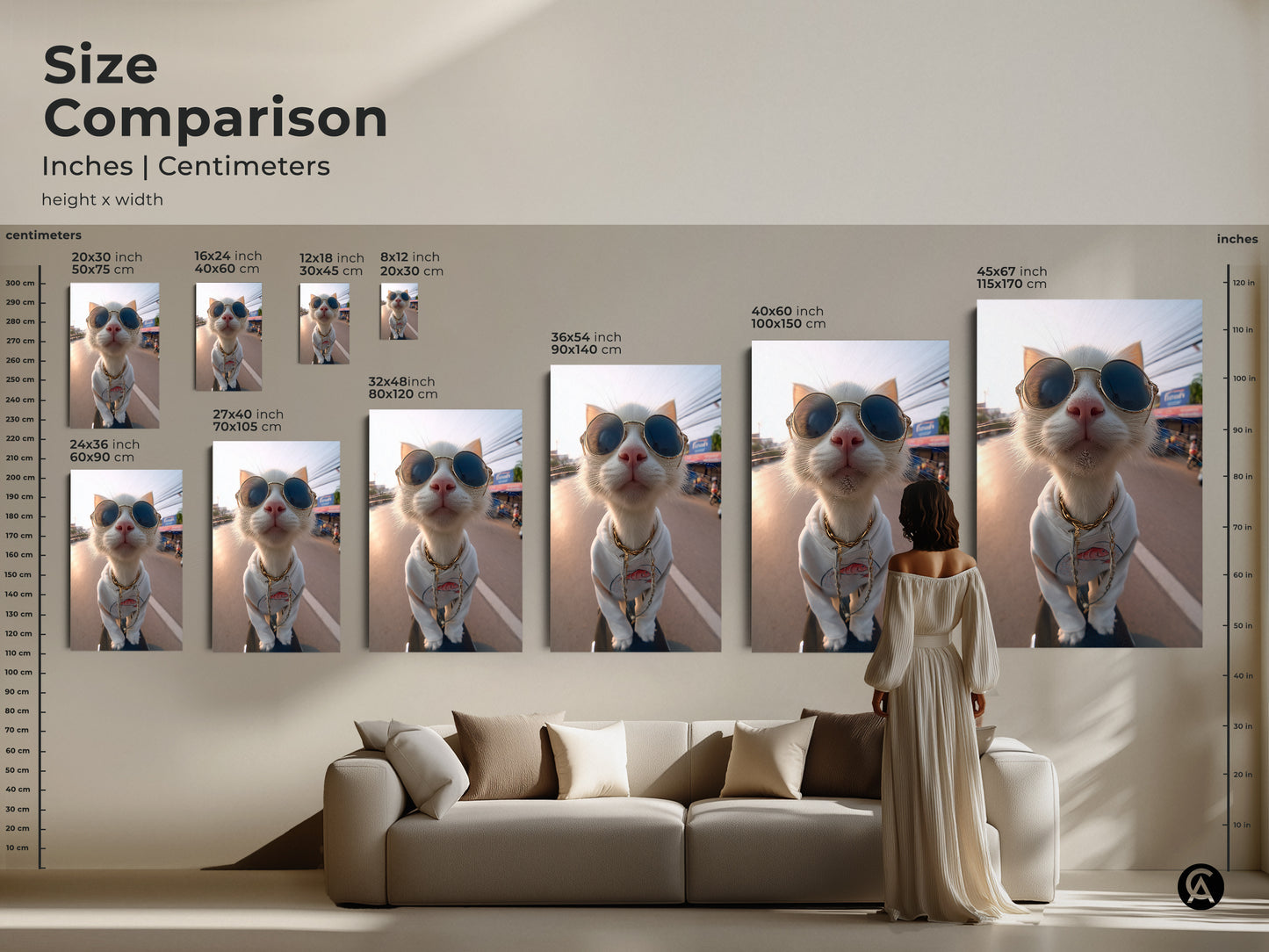 Compare sizes of this artwork featuring a cool cat with sunglasses. See how different dimensions look in a living space. Visualize the impact of canvas and poster prints. Find the perfect fit to enhance your home decor. Elevate your space with unique cat art.