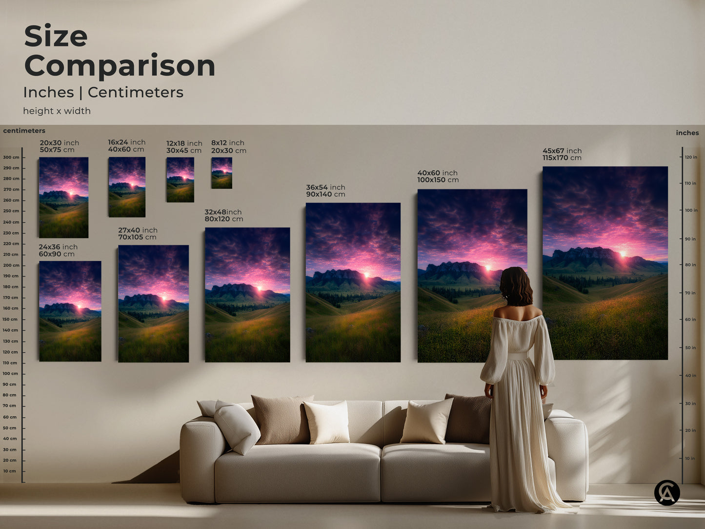 Size comparison of mountain sunset art prints is shown. The inches and centimeters are displayed. Various sizes fit above a sofa. Find the perfect scale for your space. This artwork offers scenic mountain beauty. The pink and gold sky art print suits any decor style.