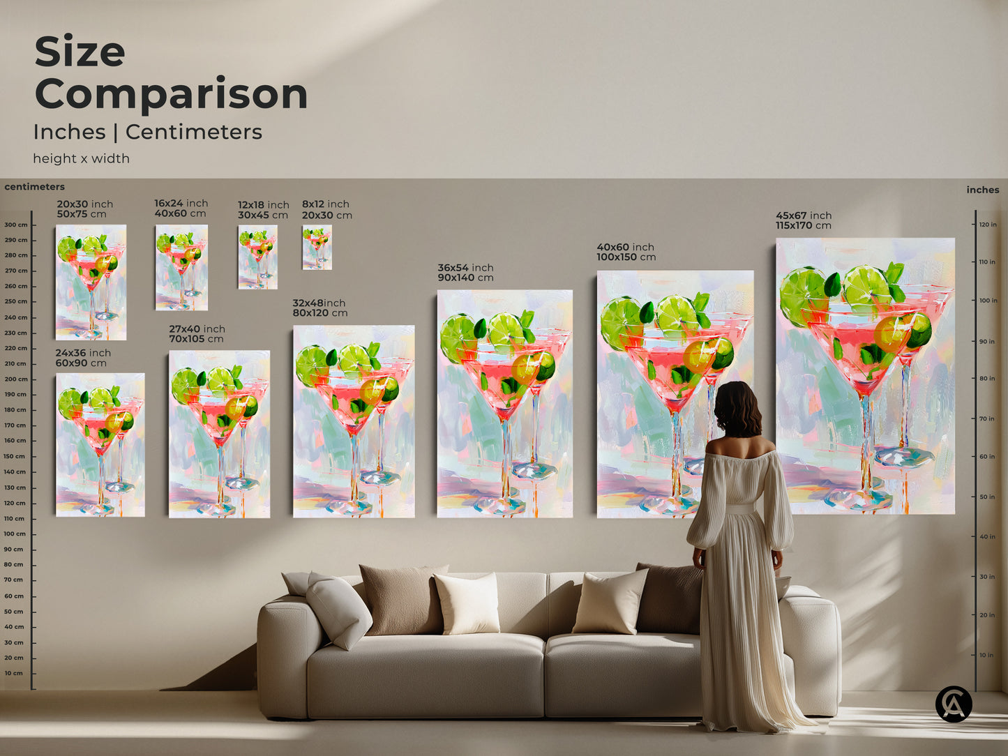 Size comparison of cocktail art prints in inches and centimeters. See how the artwork scales next to furniture. A woman stands near a sofa for reference. Find the perfect size for your living room or bar area.