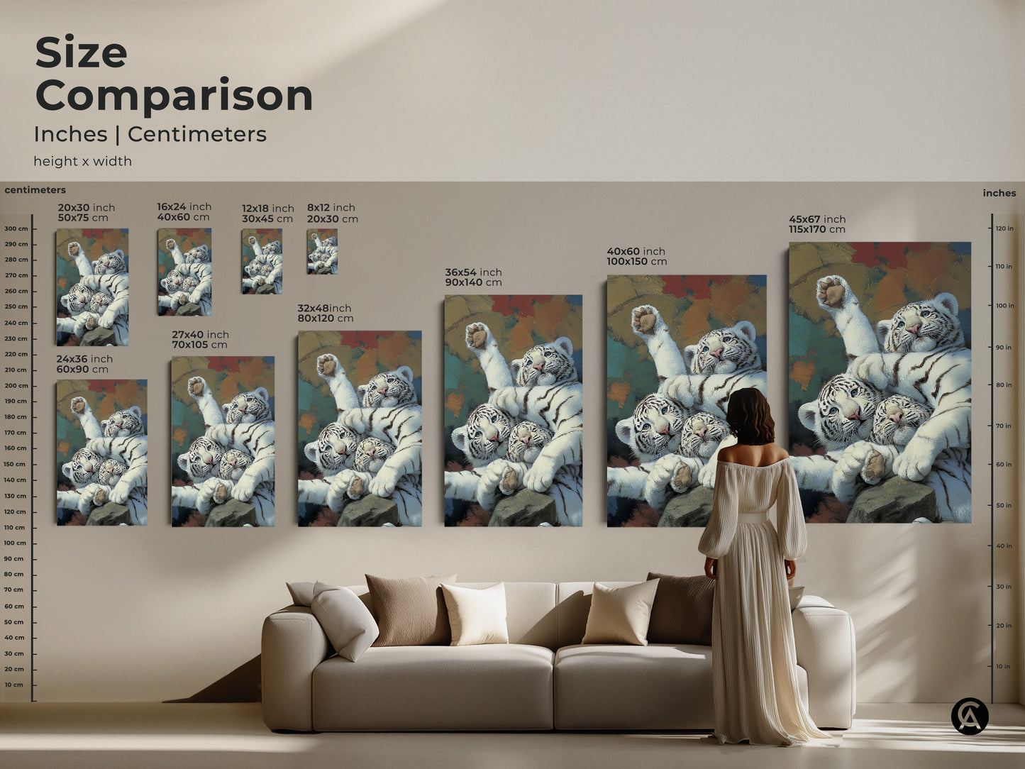 Size comparison of realistic white tiger cubs art in inches and centimeters. Various sizes available for this wildlife feline canvas print. See how the newborn tiger painting art fits in a living room setting. Find the perfect scale for your animal lover gift and eclectic home decor.