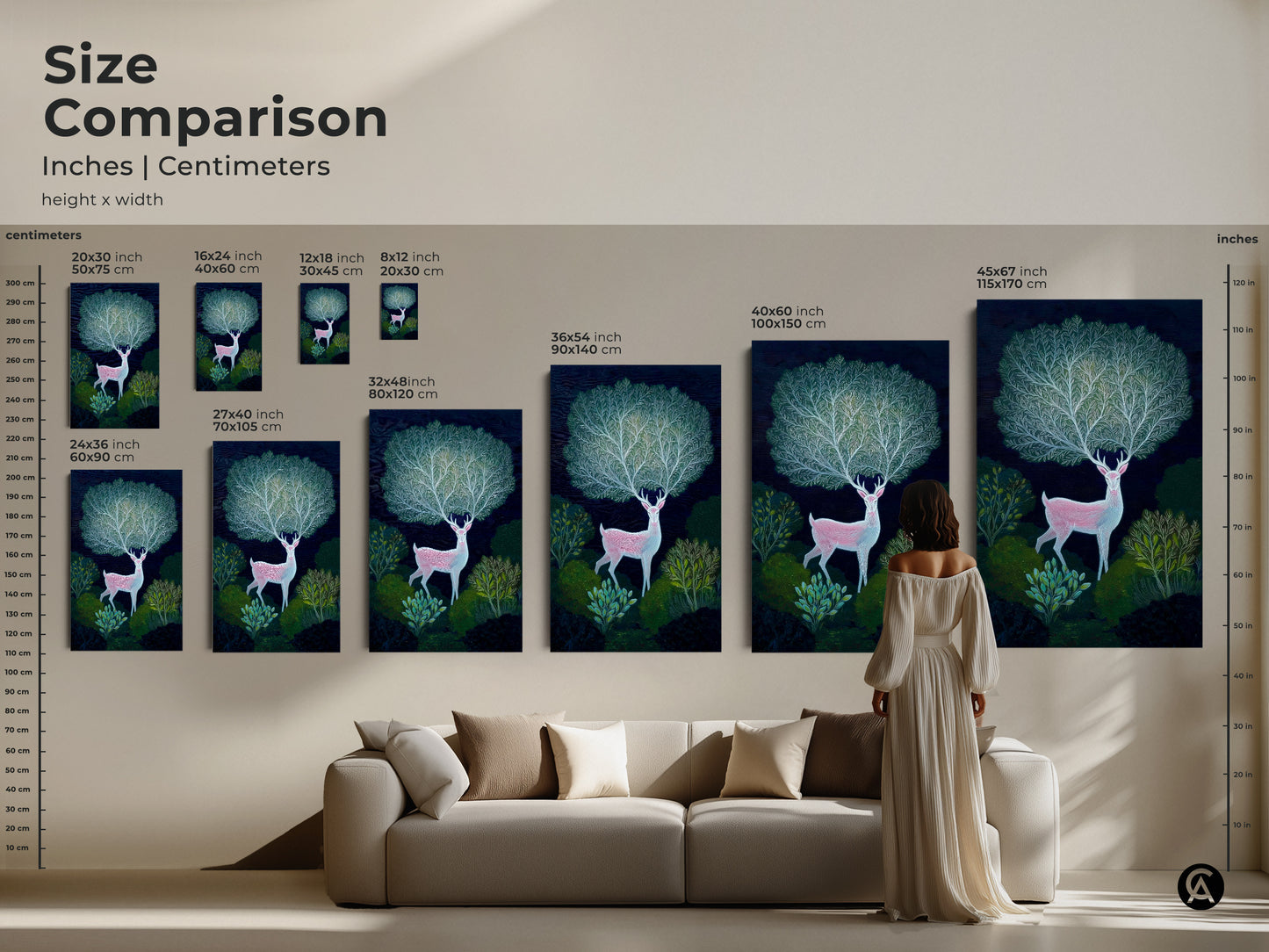 Size comparison of indigo botanical art prints. Visualize the scale of a pink deer canvas in inches and centimeters. This artwork makes a statement in any space. Find the perfect size for your room.