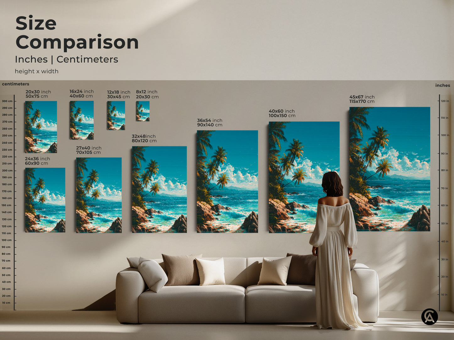 Size comparison of tropical beach artwork in inches and centimeters. See how canvas and poster art scales next to furniture. Visualize the perfect size for your home decor with palm trees and ocean views.
