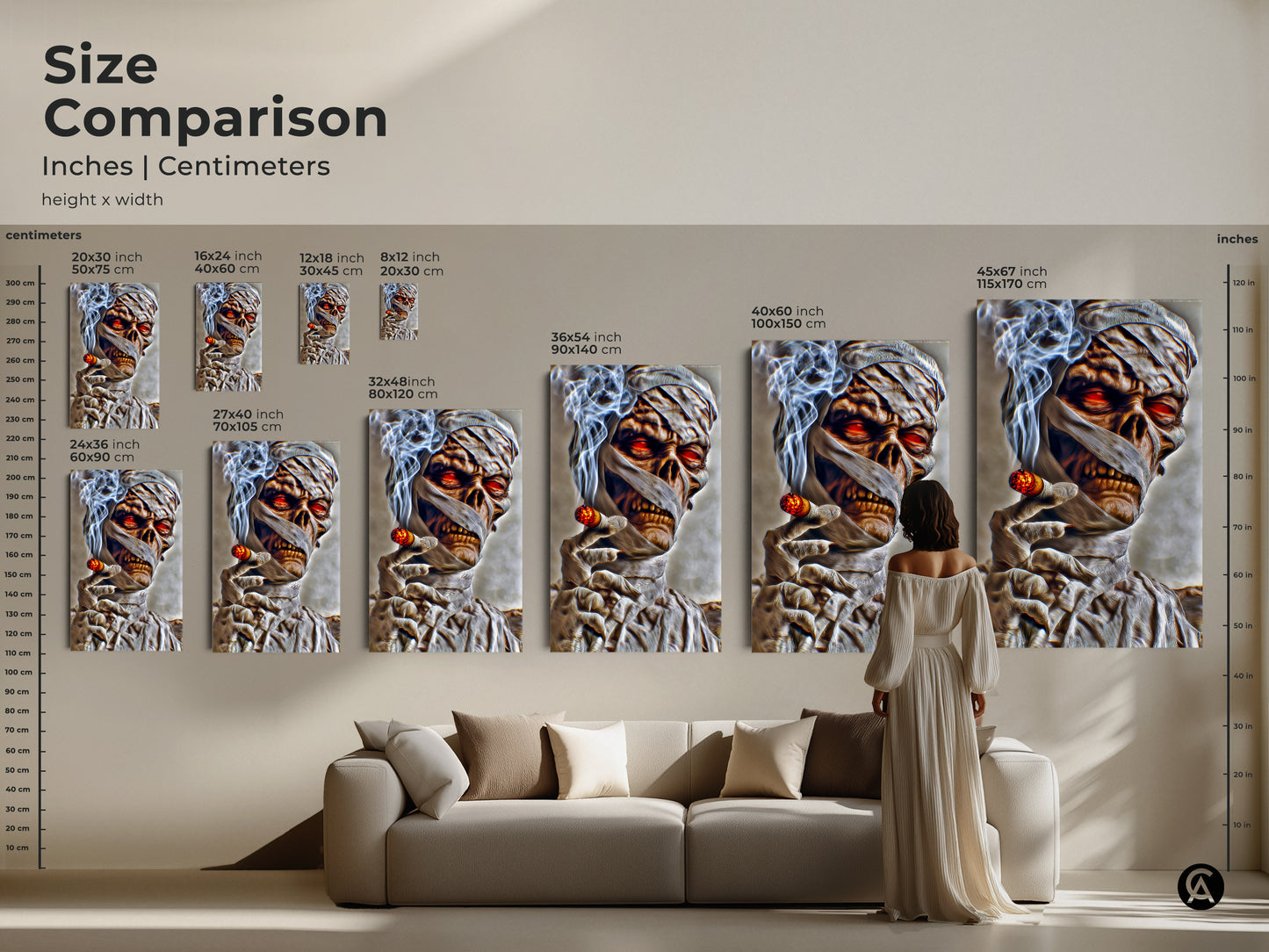 Compare sizes of the dark fantasy mummy art print. See how the gothic horror wall decor fits in a living room. Available in various dimensions for canvas and poster prints. The spooky mummy canvas adds a unique touch.