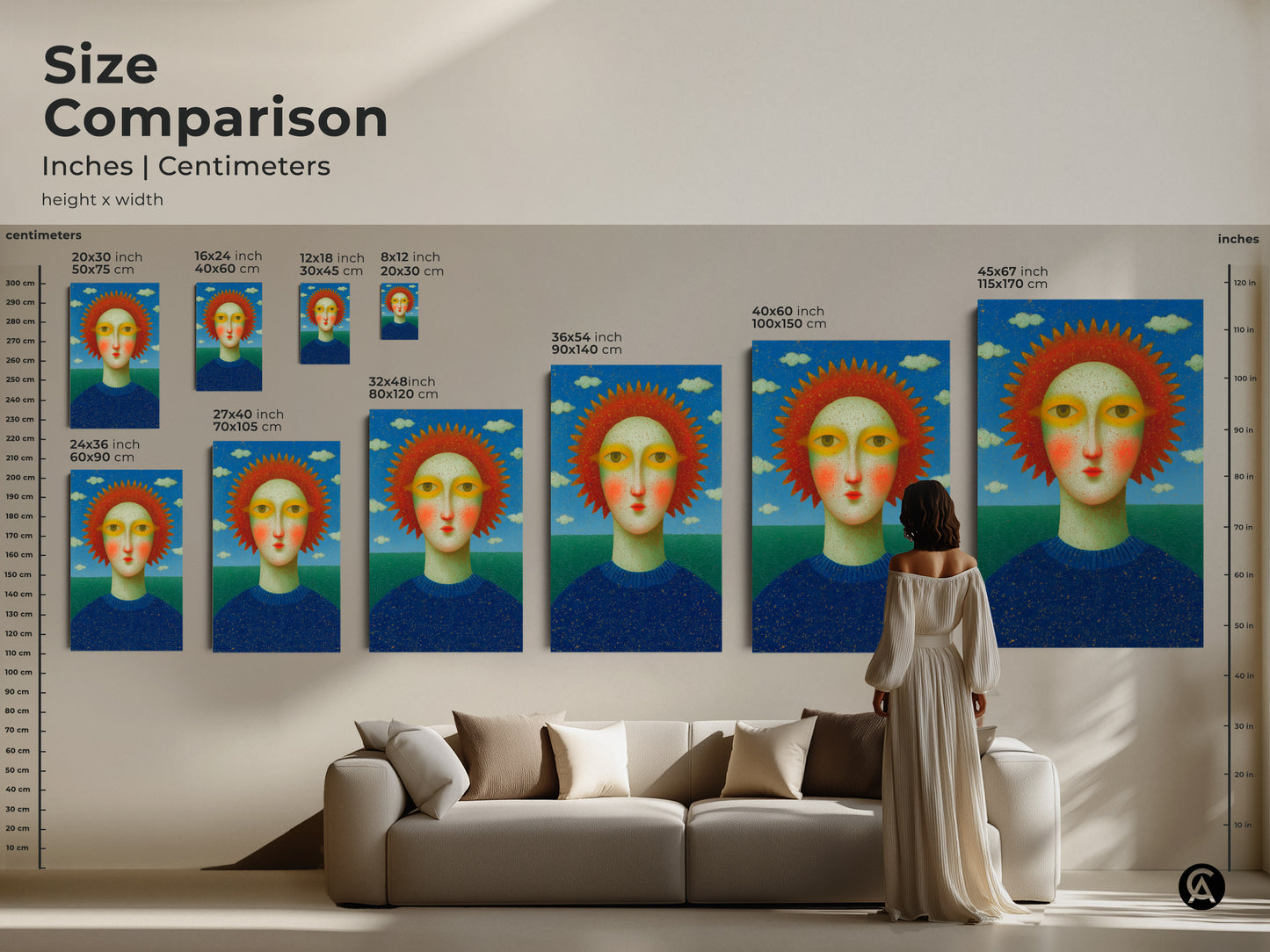 A modern folk artwork print with a surreal sun face. The eclectic blue red and green palette brings life to the clouds. This canvas wall art serves as unique bohemian wall decor. It is the perfect birthday gift for those who adore art.