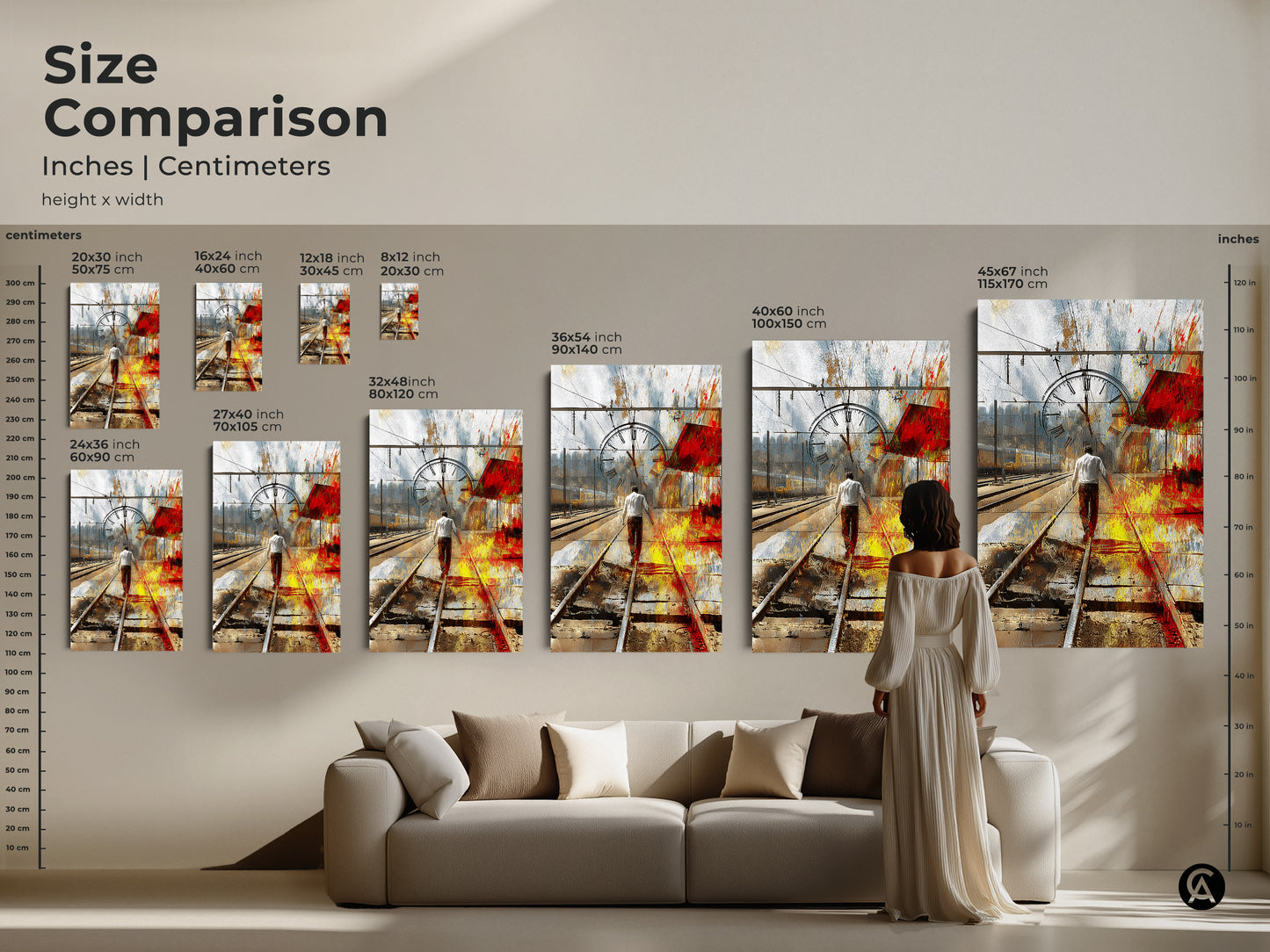 Size Comparison of abstract expressionism canvas prints. Inches and centimeters are shown. A man walks on train tracks with a time passing clock. This surrealist home decor is perfect for an eclectic office.