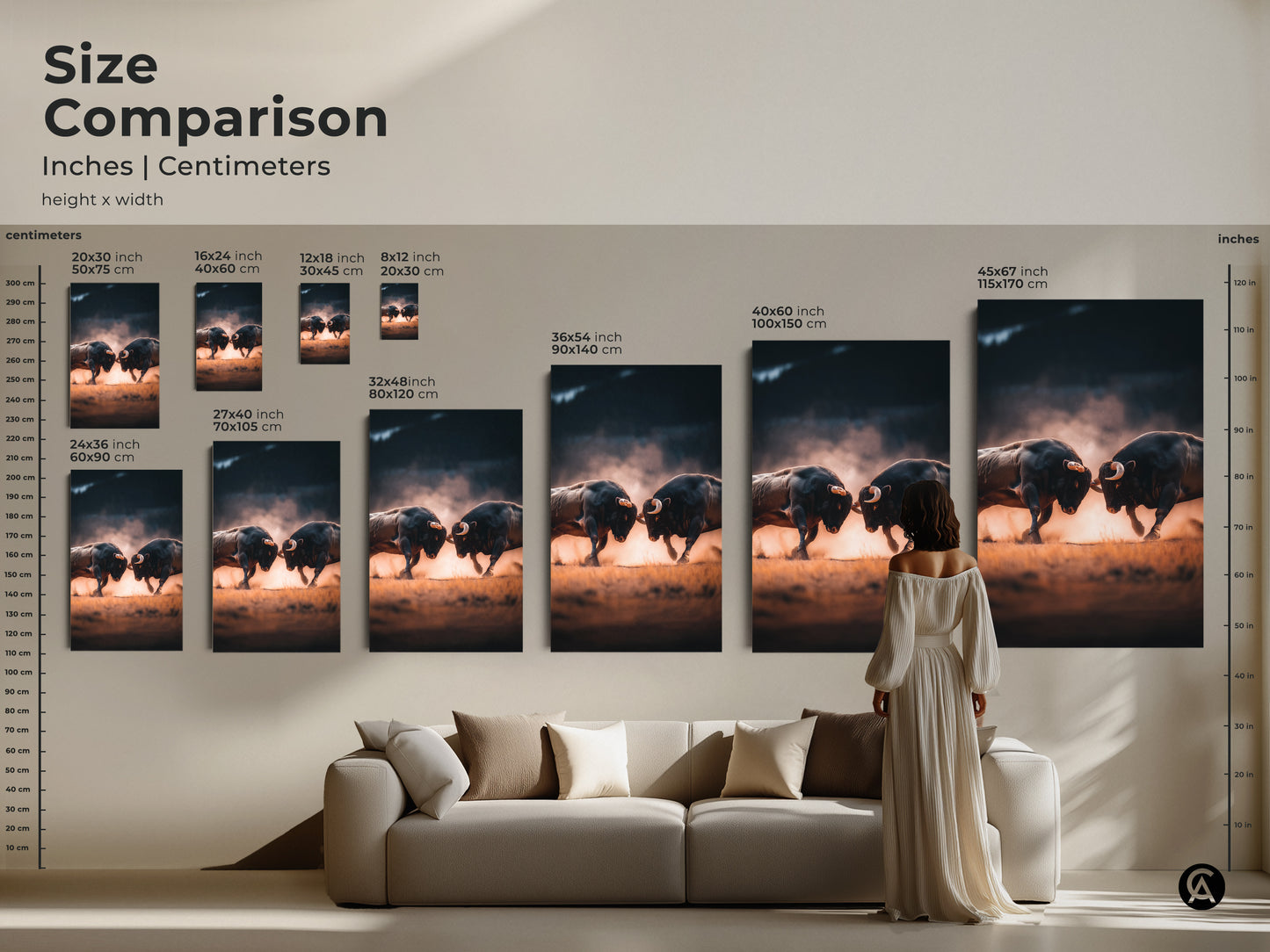 Size comparison showcasing art prints in inches and centimeters. Several sizes are available to match your needs. From small to extra-large canvas and poster options are displayed. Choose the right size for your animal art.