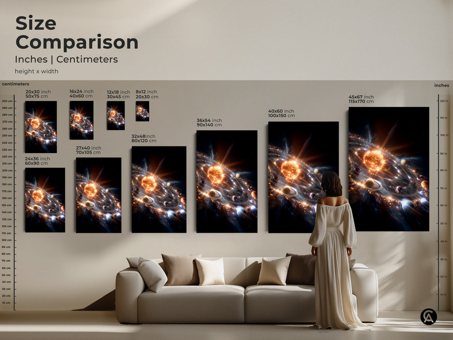 Size comparison of solar system artwork in inches and centimeters. See how each canvas or poster size fits above a couch. Options range from 8x12 inch to 45x67 inch. Find the ideal dimensions to enhance your living space with cosmic art.