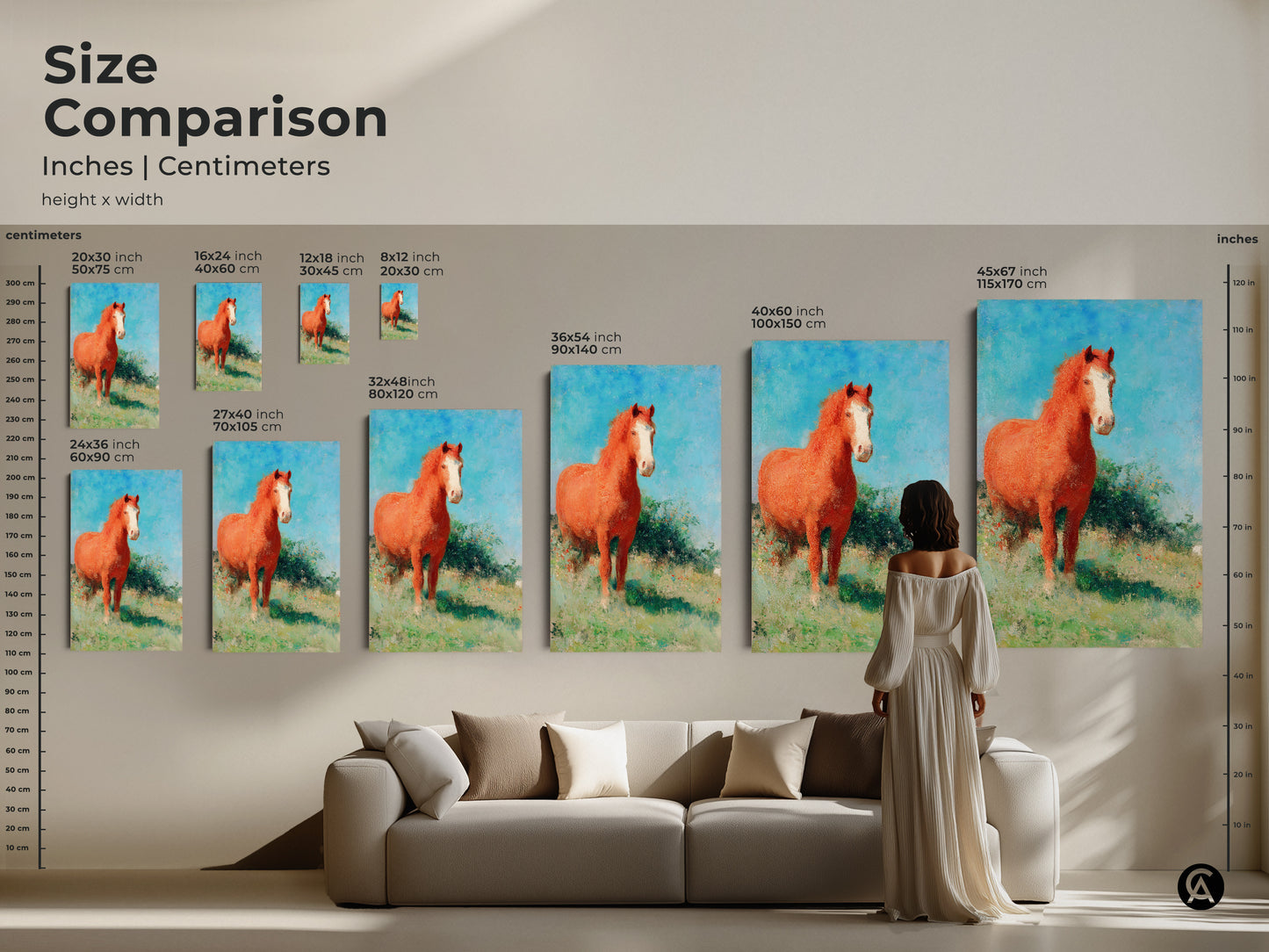 Size comparison of equestrian canvas art in inches and centimeters. See how different sizes of the impressionist horse canvas fit above a sofa. From 16x24 inch to 45x67 inch find the perfect scale for your space. This rustic orange and blue nature landscape print transforms your living room.