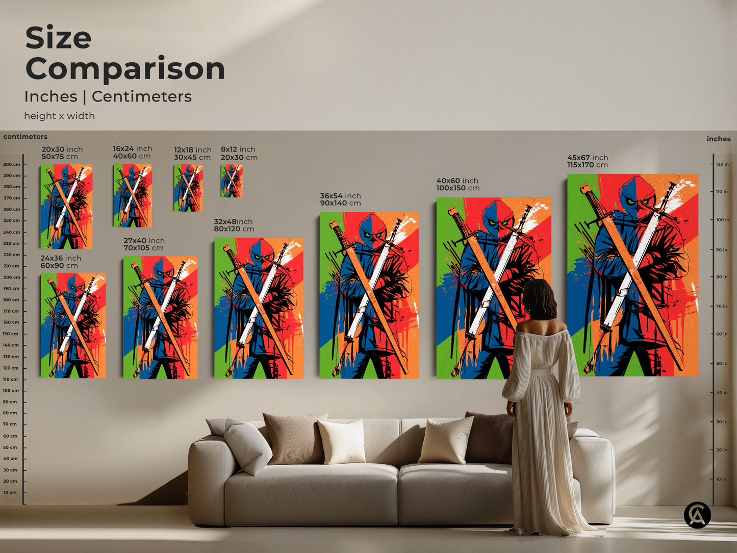 A size comparison featuring the ninja owl canvas. It showcases various dimensions perfect for your office wall decor or gaming room. It's the ideal way to add cool modern art.