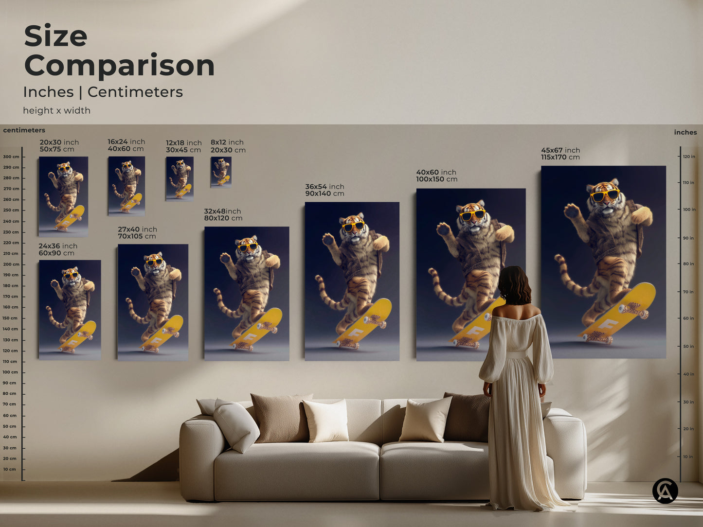 Size comparison of skater tiger artwork in inches and centimeters. Different canvas sizes displayed above a couch show scale. Find the perfect fit for your space. Add skater tiger art now.