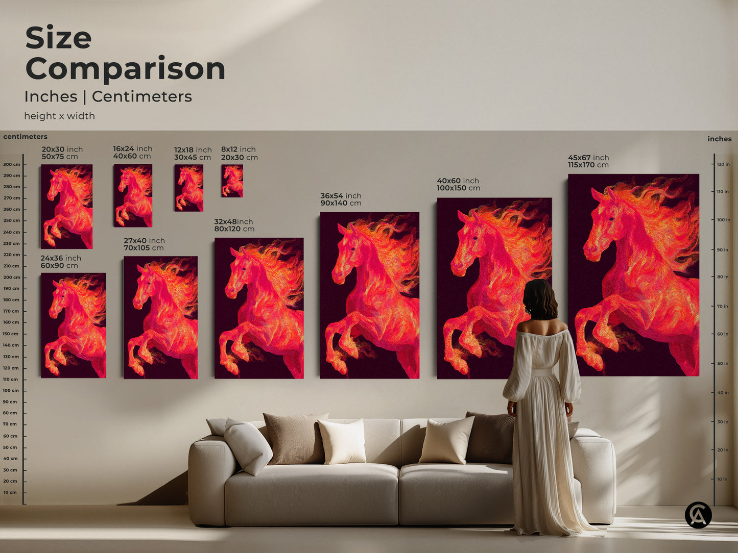 Size comparison of horse art prints in inches and centimeters. The fiery horse artwork is available in multiple sizes. See how the art looks in a living room setting. Find the perfect size for your home.