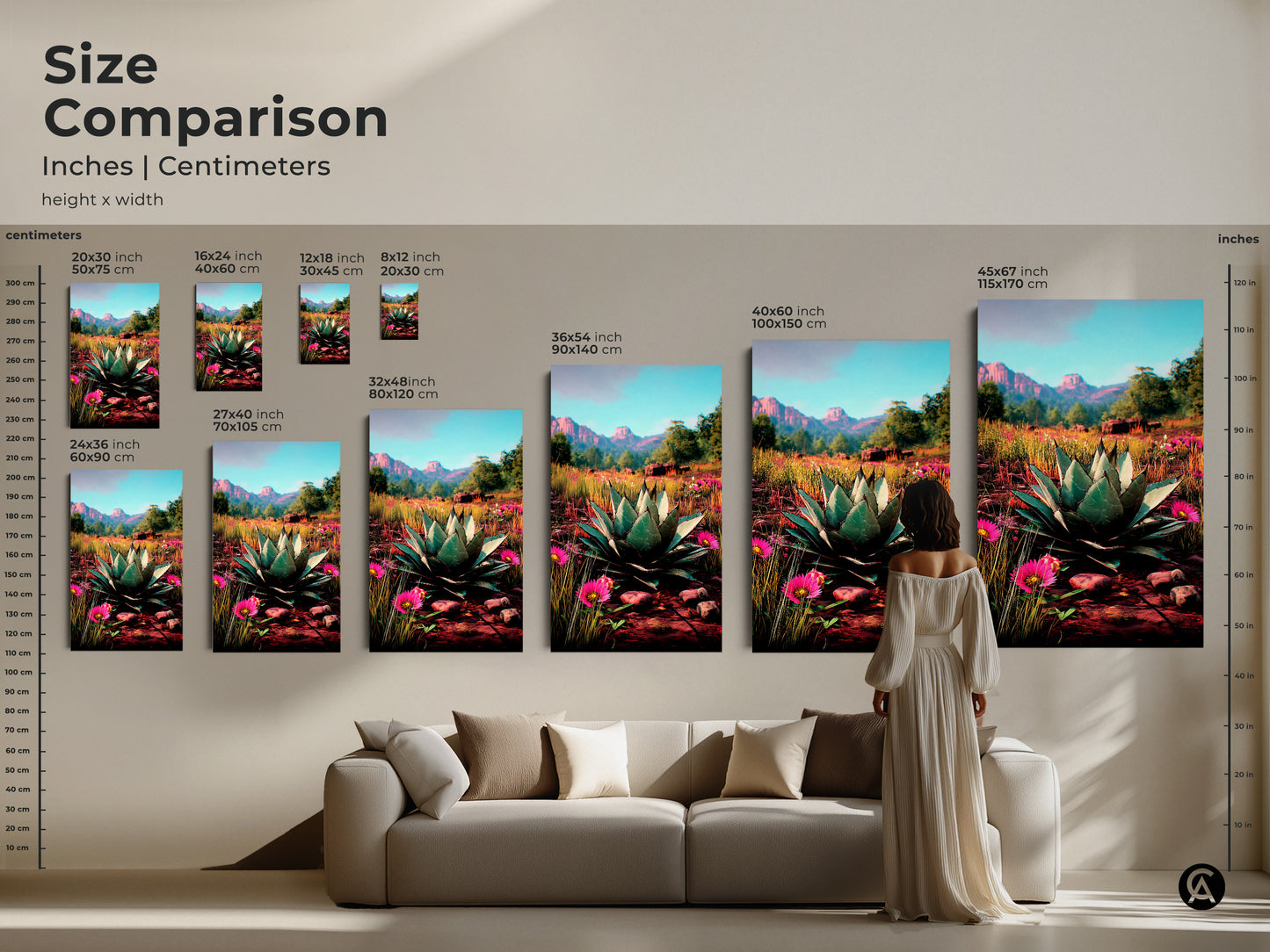 This size comparison showcases inches and centimeters. It features art sizes from small to extra-large on a living room wall. The botanical art features a southwestern desert landscape. Use this to envision art placement in your home. It includes pink desert flowers art.