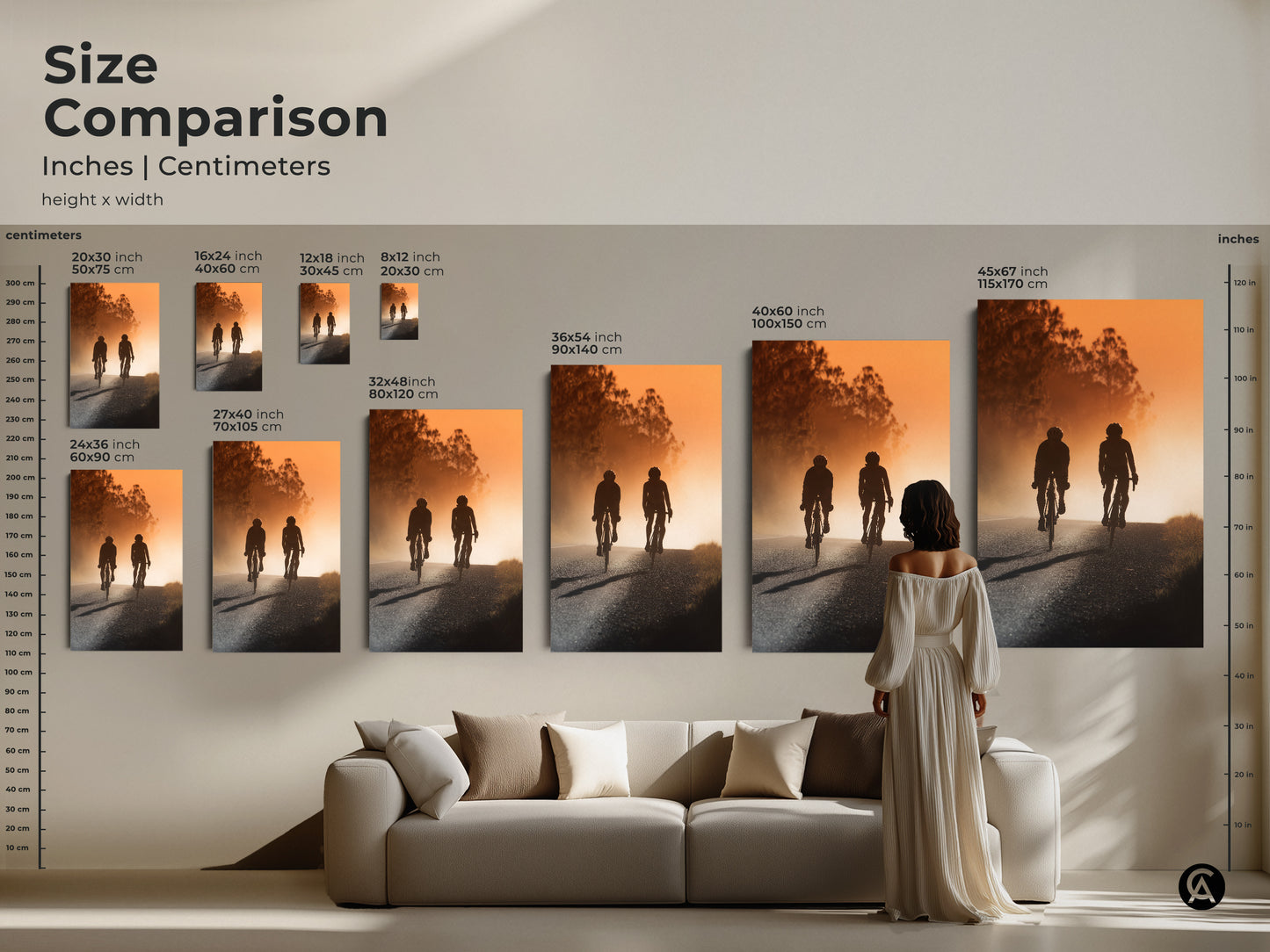 Size comparison of road cyclist artwork. See how canvas and poster prints fit above a sofa. Various sizes are available. Each features a warm amber sunset landscape.