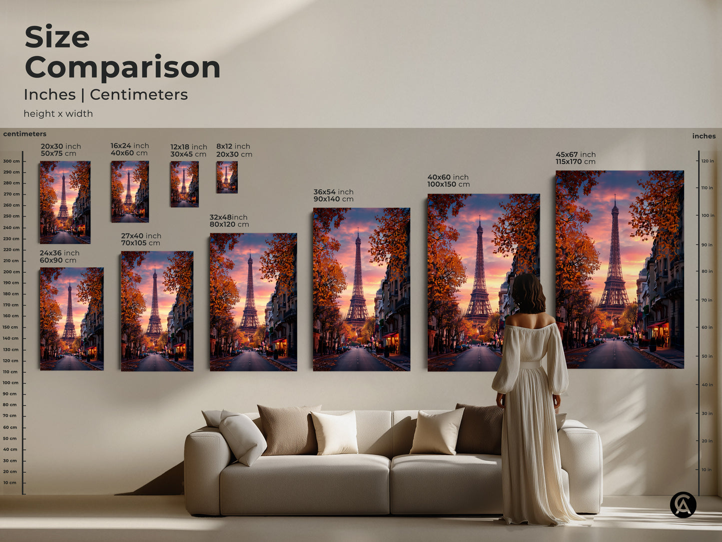 Size comparison of Eiffel Tower artwork in inches and centimeters. See how the art looks above a sofa. Available in various sizes for canvas and poster prints. Choose the ideal scale for your romantic cityscape art print.