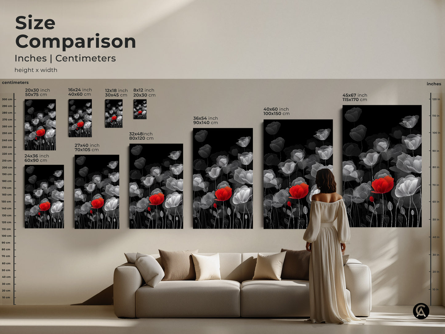 Size comparison of modern botanical art prints. See how the red poppy line art canvas fits in different spaces. Sizes range from small to large. Options include canvas and poster prints. Visualize the impact of minimalist floral wall art. Transform your living room with elegant floral home decor. Find the perfect size for your home.