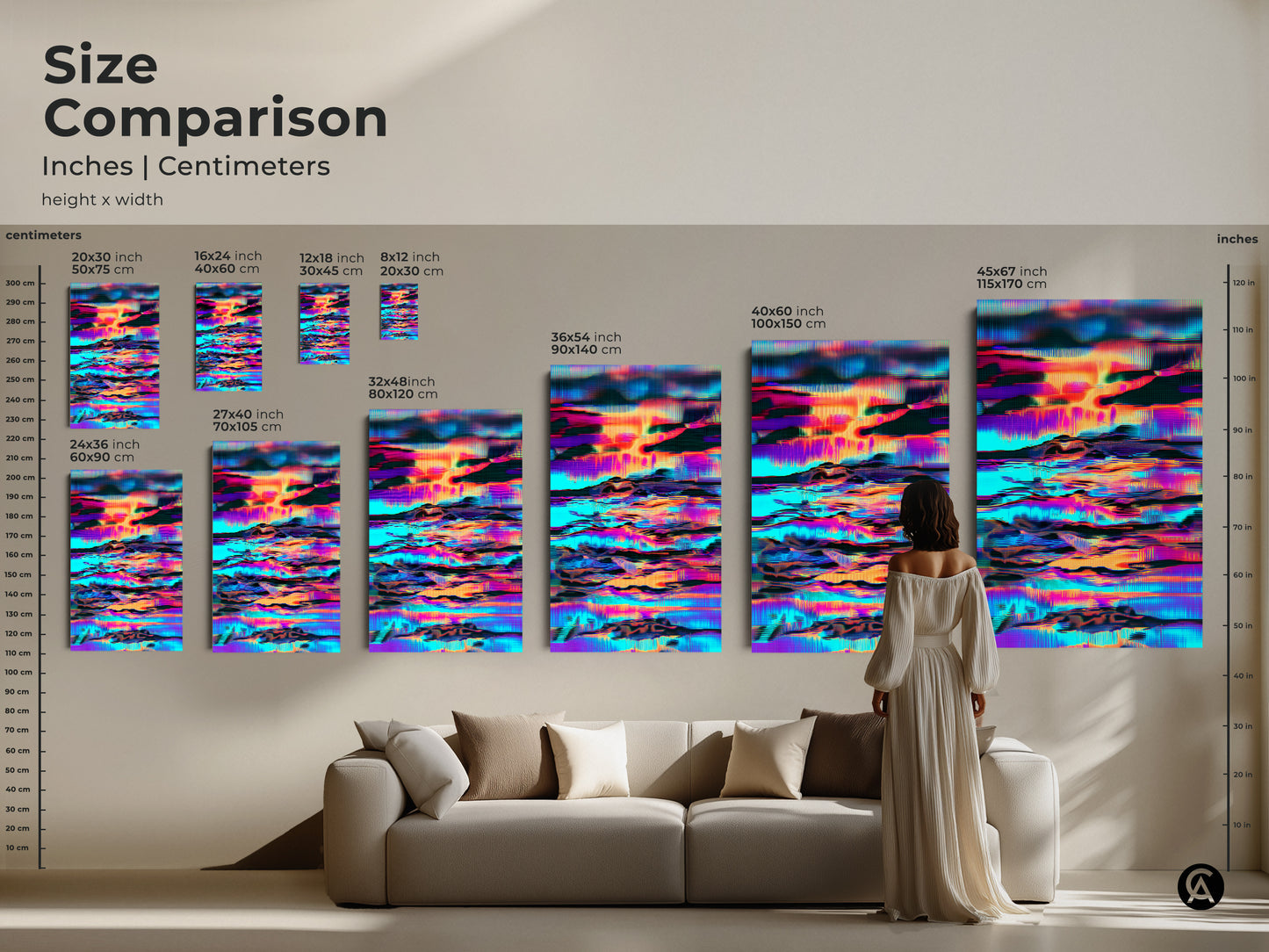 Size comparison of the abstract glitch art print in inches and centimeters. The artwork featuring a skyline landscape in cyan orange and purple is shown in various sizes. This modern digital artwork can be selected to fit any space from small to large.