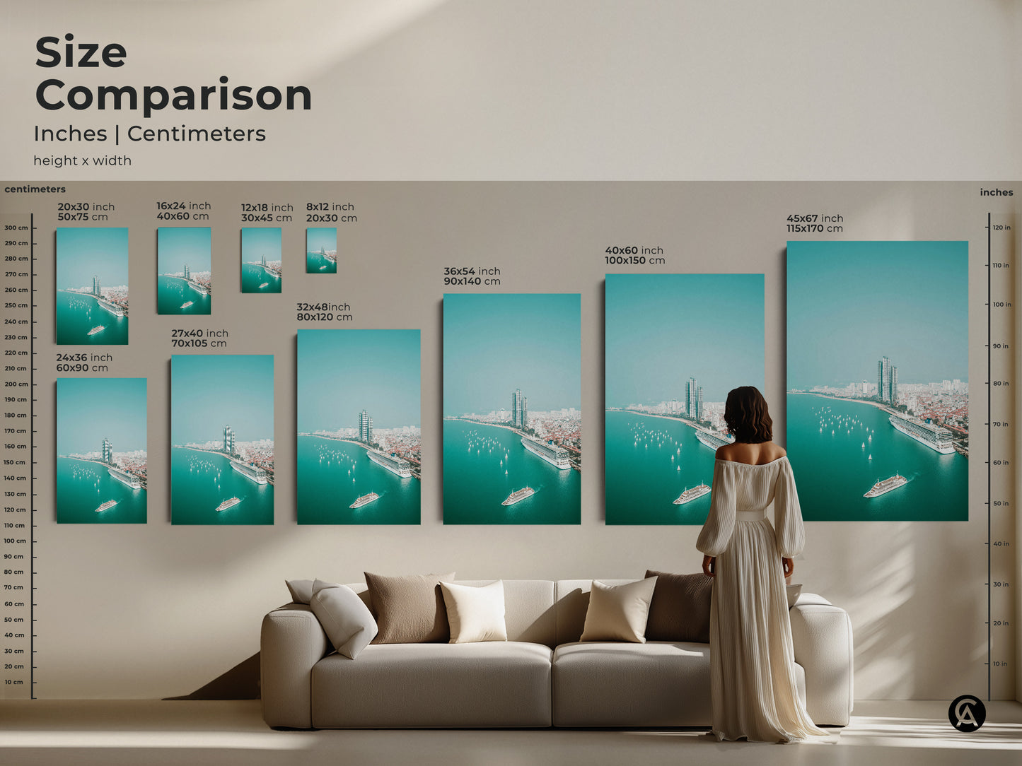 Size comparison of teal ocean cityscape canvas art. See how the aerial cruise ship and sailboat artwork looks in various sizes above a sofa. A perfect modern coastal print for living room canvas decor.