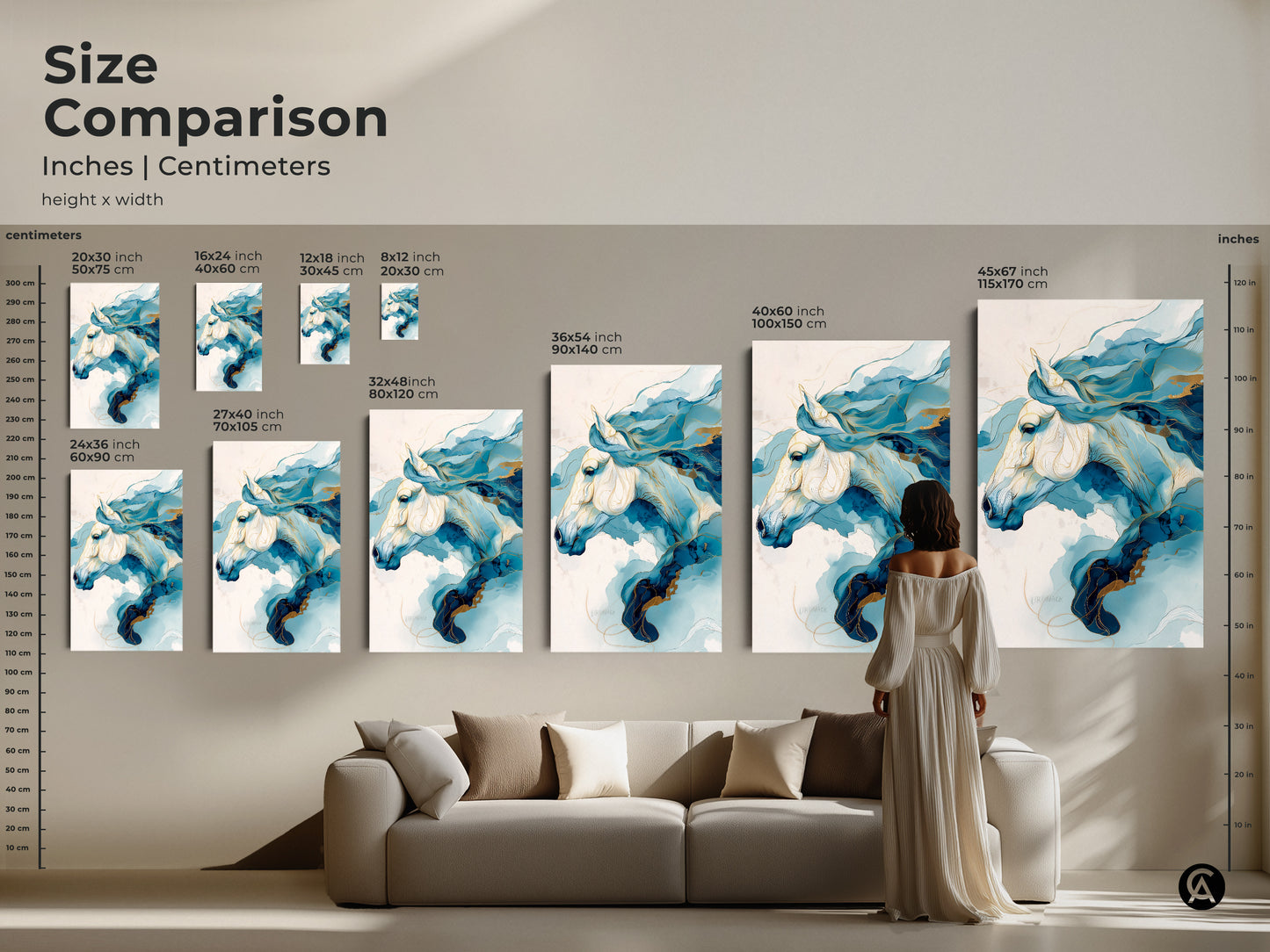 Size comparison showcasing various dimensions of the abstract horse art. A woman stands next to the 45x67 inch canvas print. This blue and gold equine artwork offers a striking focal point for any room.