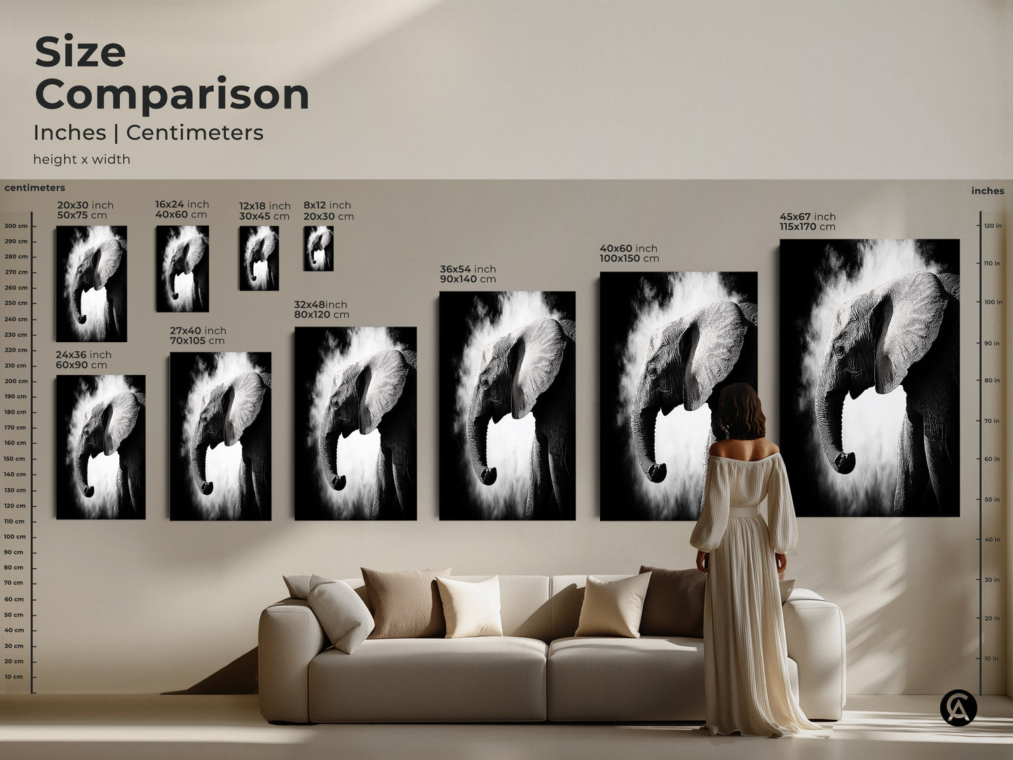 Size comparison of the elephant art canvas prints in inches and centimeters. A woman stands next to various sizes displayed above a sofa. Visualize the perfect scale for your monochrome wildlife wall art. Ideal for contemporary home decor.