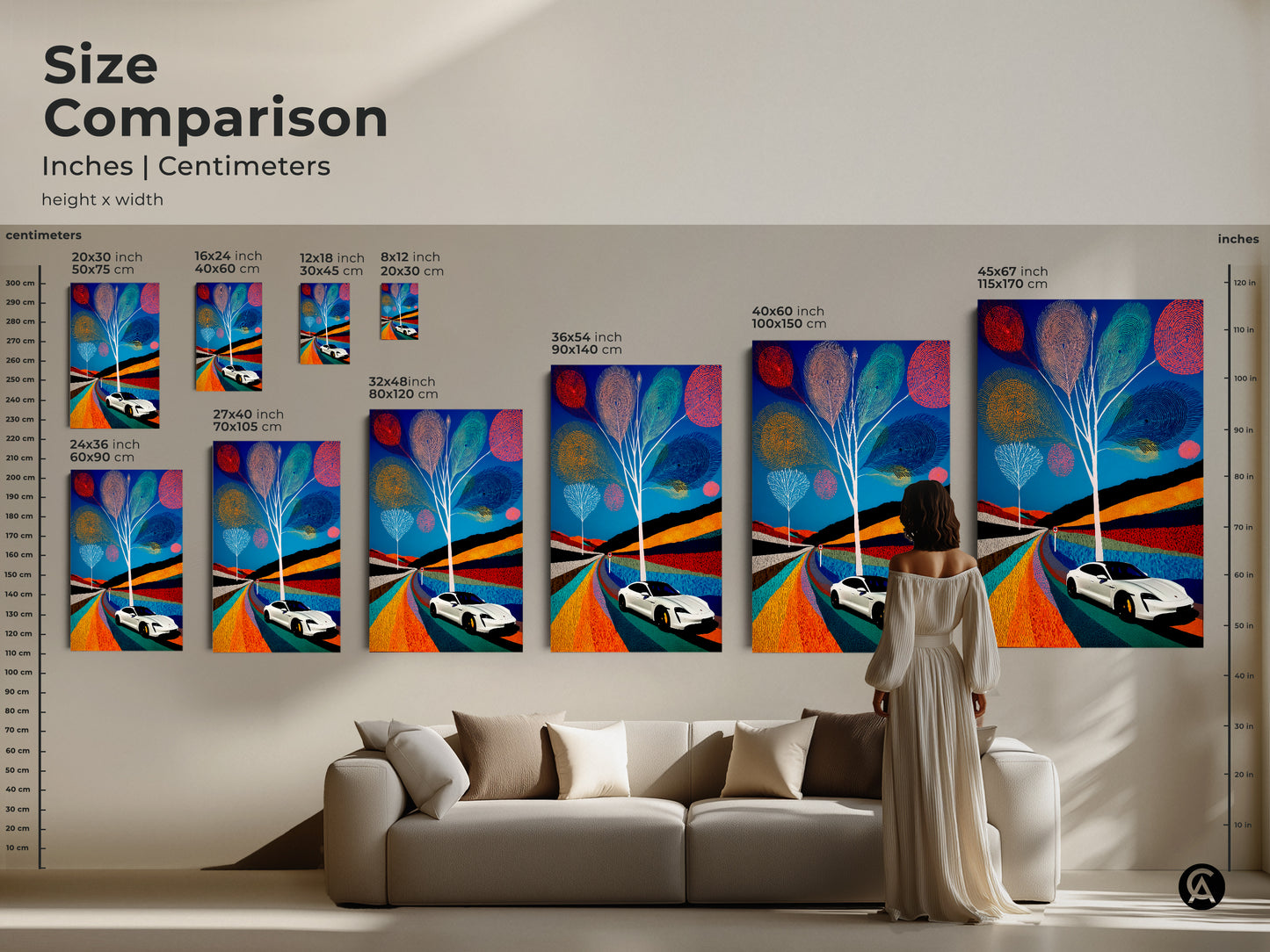 Size comparison of electric car modern folk art canvas. Visualize how this abstract scenic painting fits in your living room. Blue teal and orange art makes a colorful statement as a road trip artwork decor.