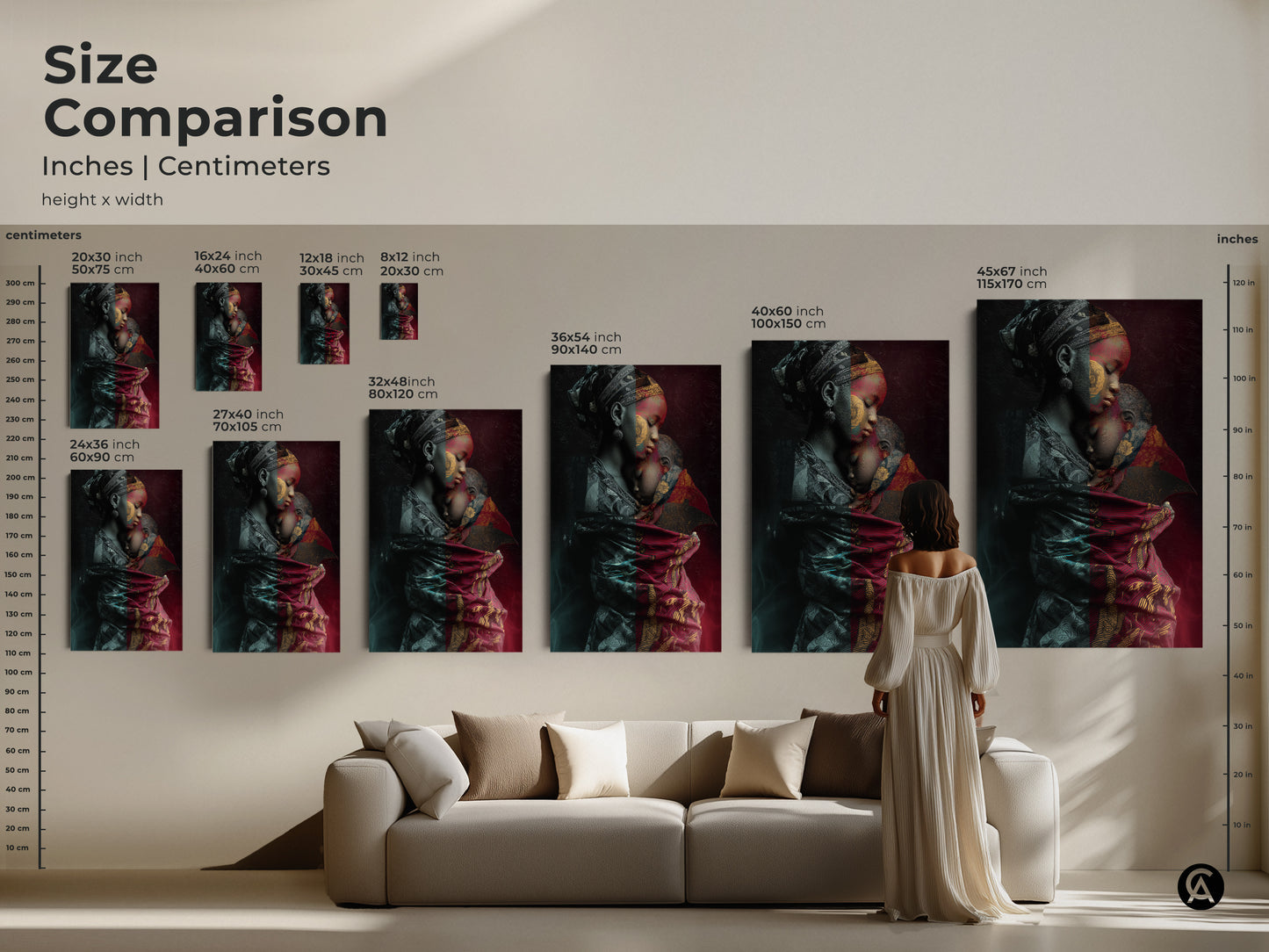 Visualize the scale of our African mother and child artwork with this size comparison. See how the tribal fusion canvas looks above a couch. Available in various sizes to fit your living space. From 20x30 cm to 115x170 cm find the ideal fit. This contemporary piece enhances any home.