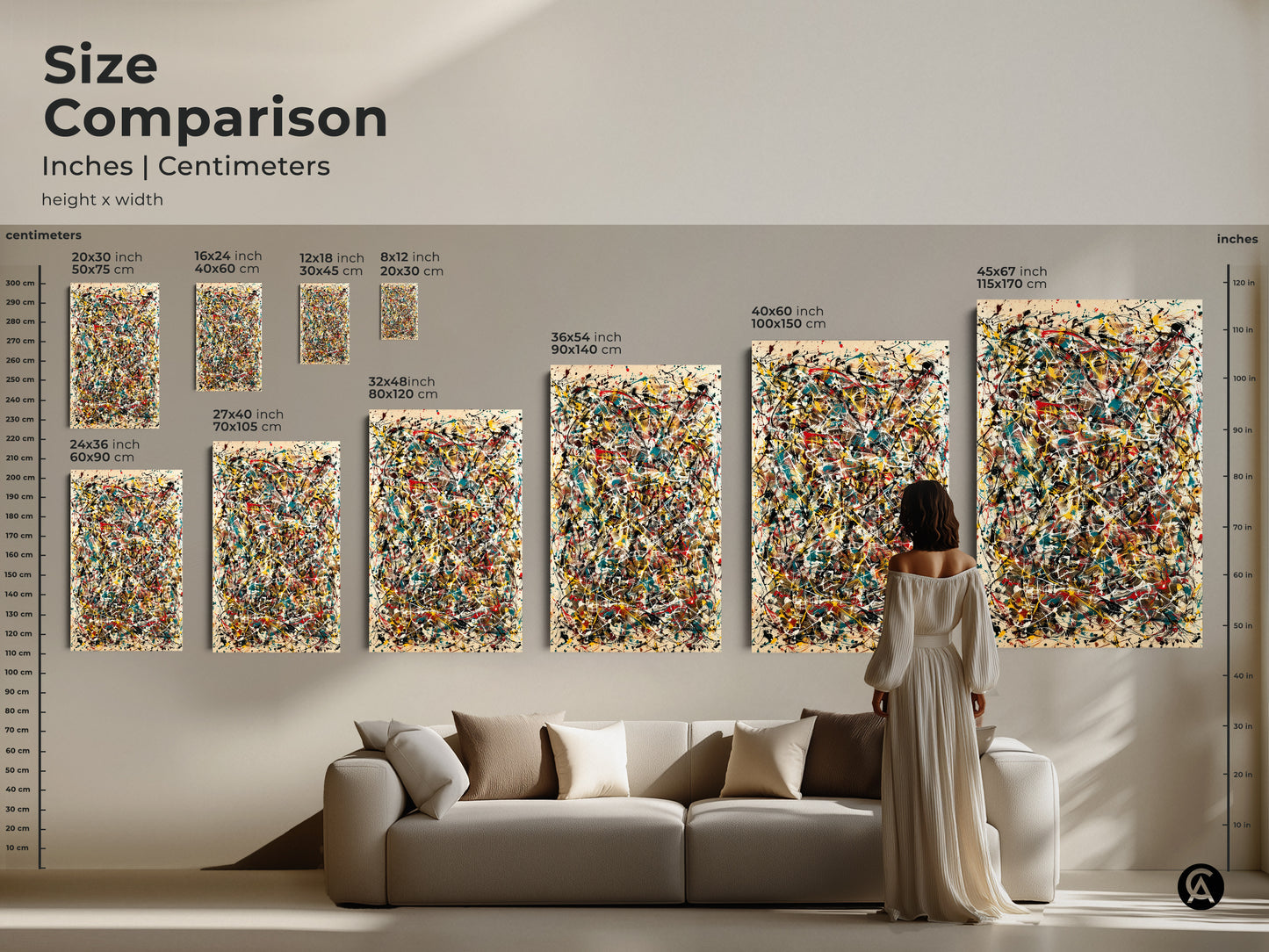 A size comparison of abstract expressionism art prints. See how canvas and poster sizes look above a couch. Choose the perfect dimensions to create a stunning focal point in your living room with this artwork.