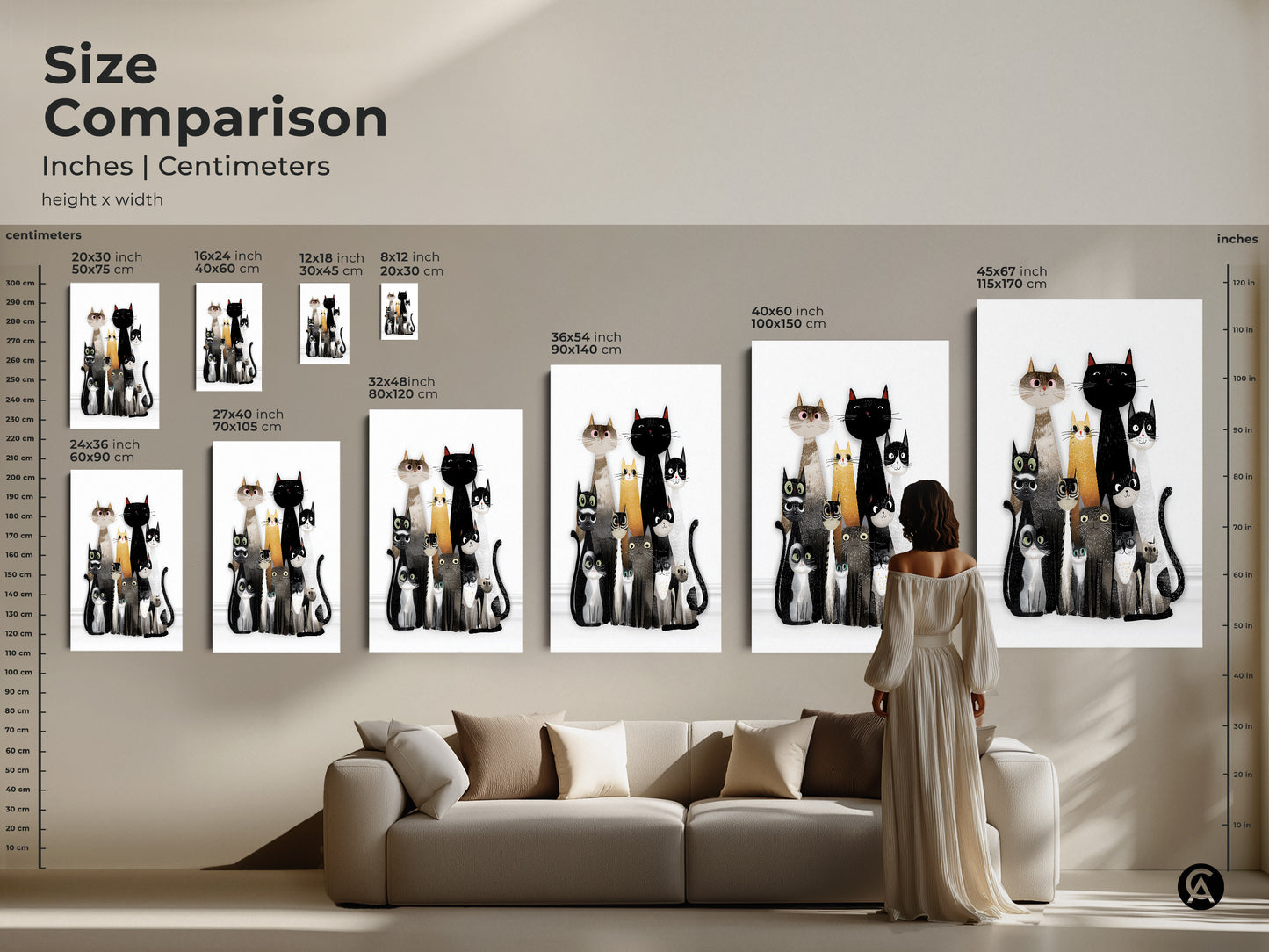 Size Comparison of Cat Family Wall Art Prints. Various sizes available from small to large. Perfect for adding a chic cat wall decor to any cat themed nursery or eclectic home.