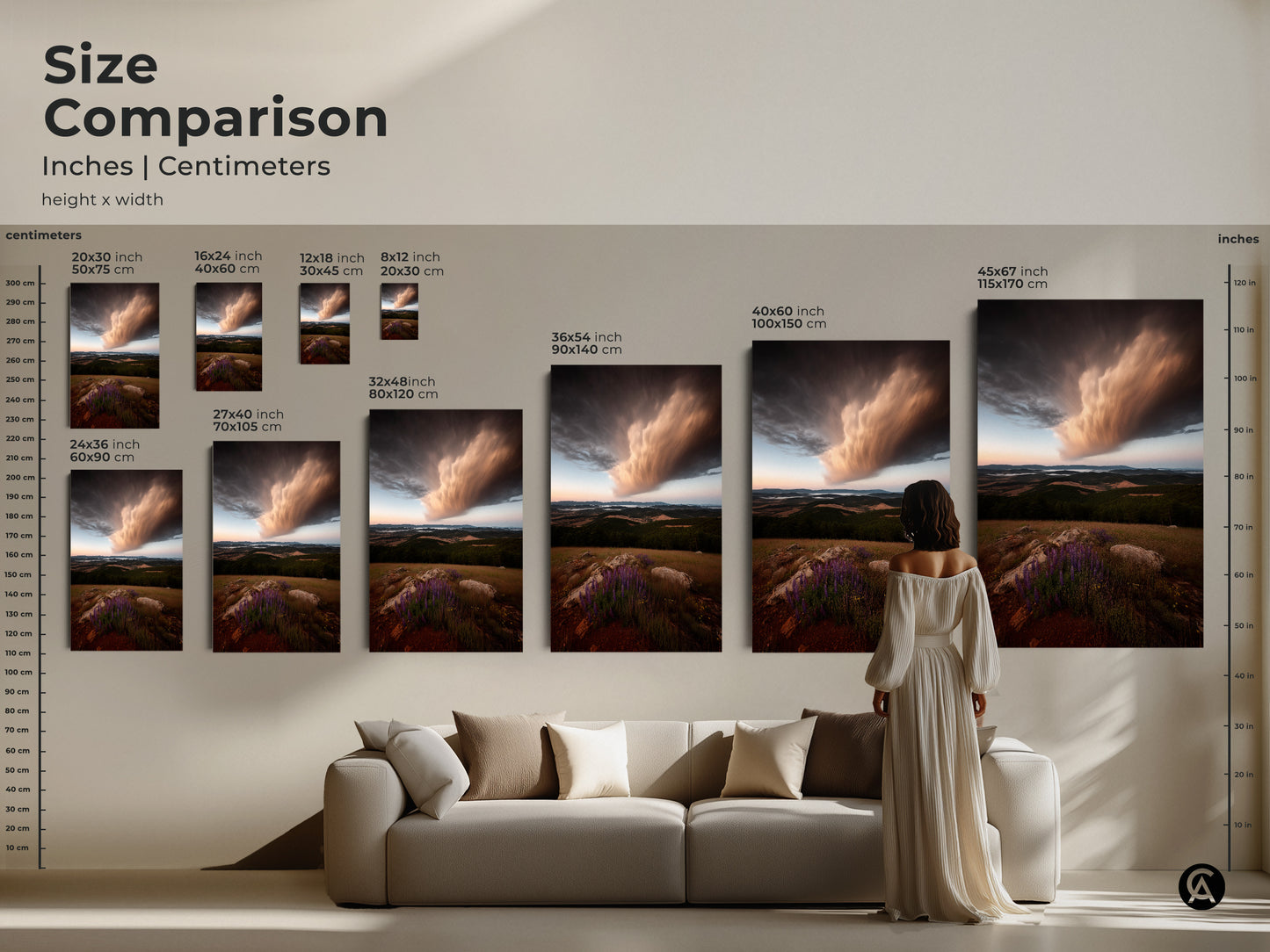 Size comparison of storm cloud canvas art. See how the wildflower landscape looks in various dimensions. This blue brown nature artwork will be the center piece of your modern farmhouse.