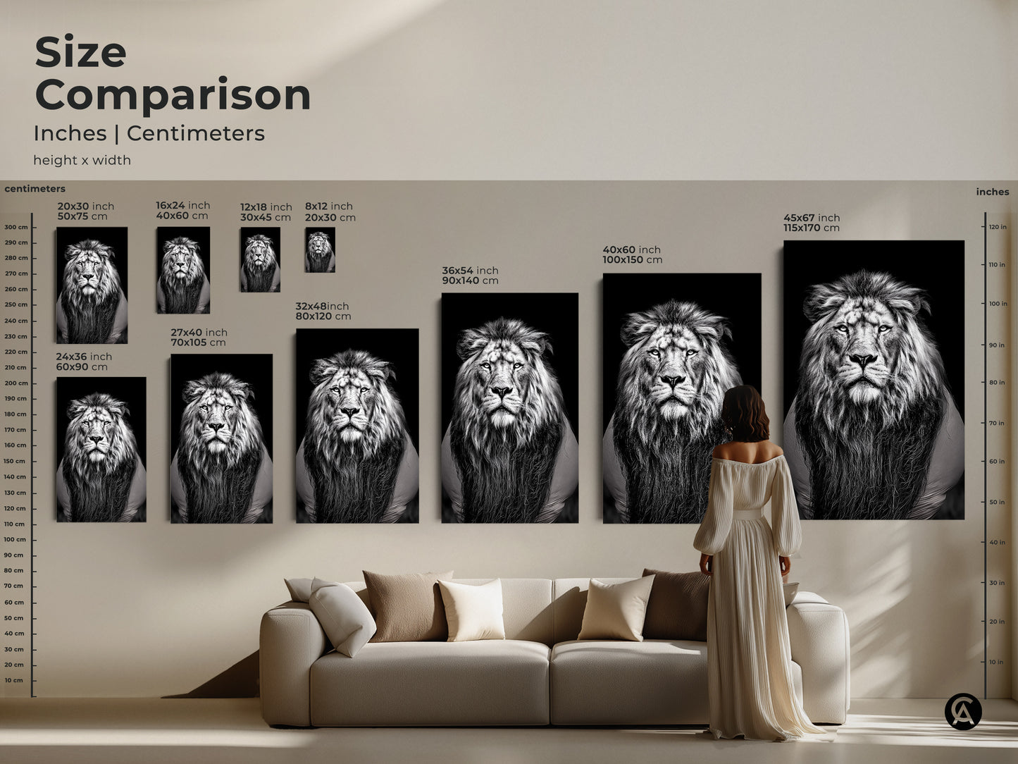 Compare sizes of this monochrome lion art print. See how the realistic lion canvas art scales next to furniture and people. Visualize the impact of large scale wall art in your space. This black and white wildlife art is perfect for any room. An ideal gift for animal lovers who appreciate contemporary animal artwork.
