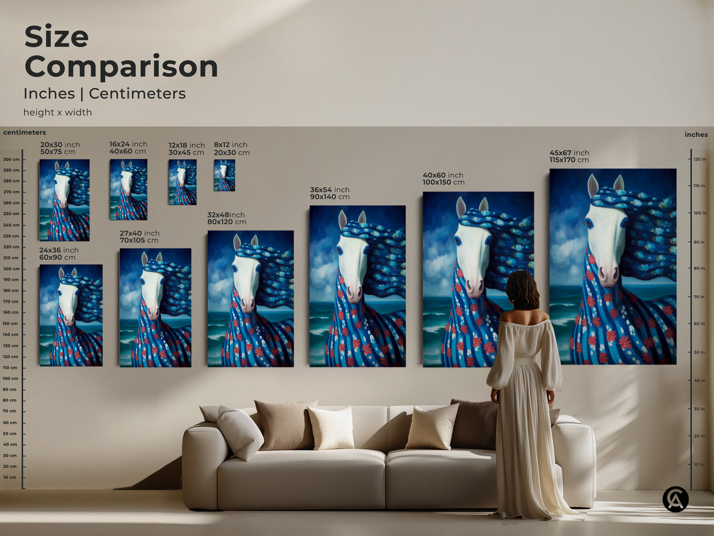 A size comparison shows the surreal horse artwork in various dimensions. The art is displayed above a sofa for scale. Sizes vary from small to extra large. A woman stands admiring the largest canvas print.