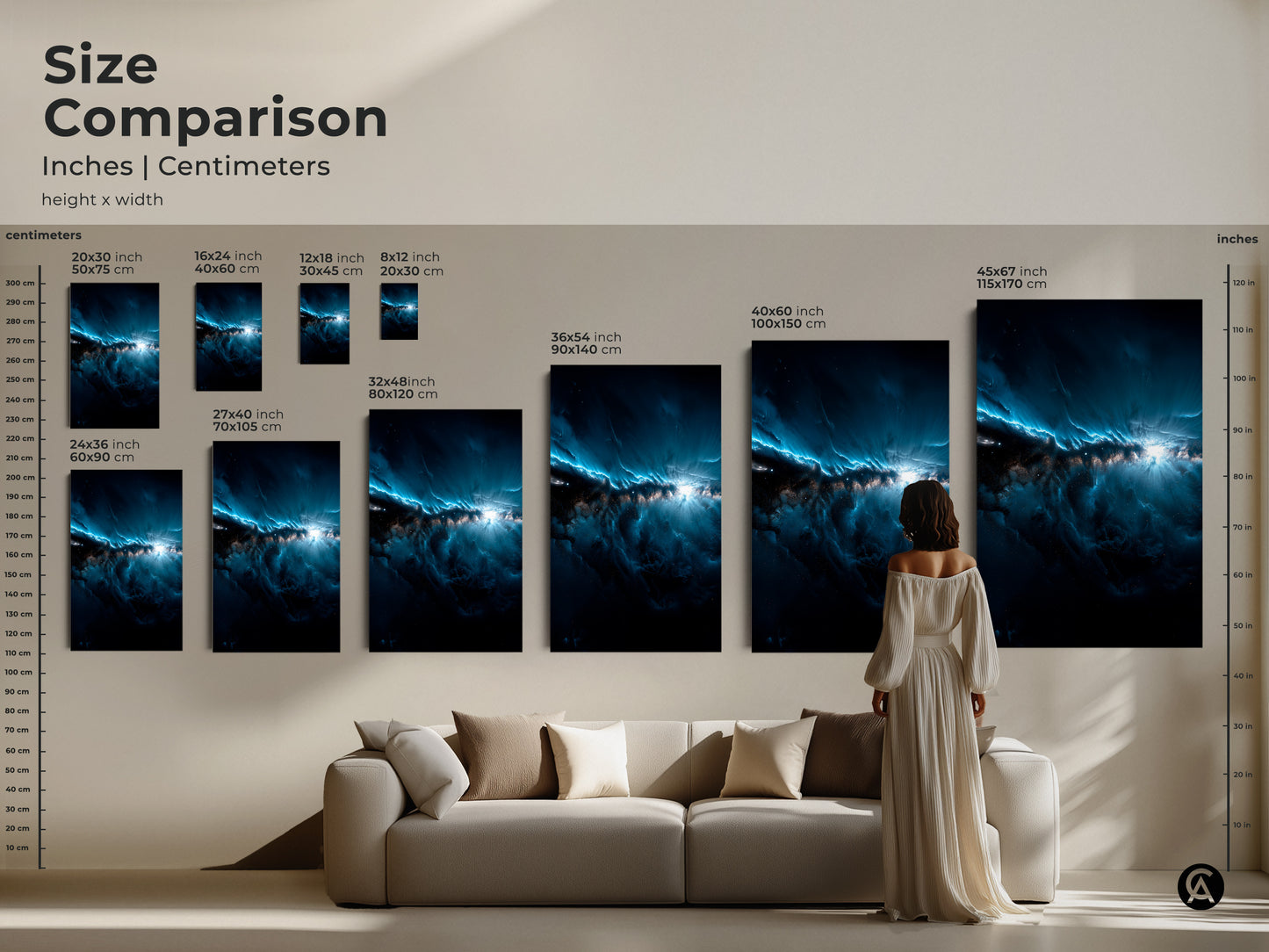 This image shows a size comparison of the nebula artwork. Sizes range from small to large. A woman stands next to the art for scale. Visualize the perfect size for your home today. Both inches and centimeters are displayed