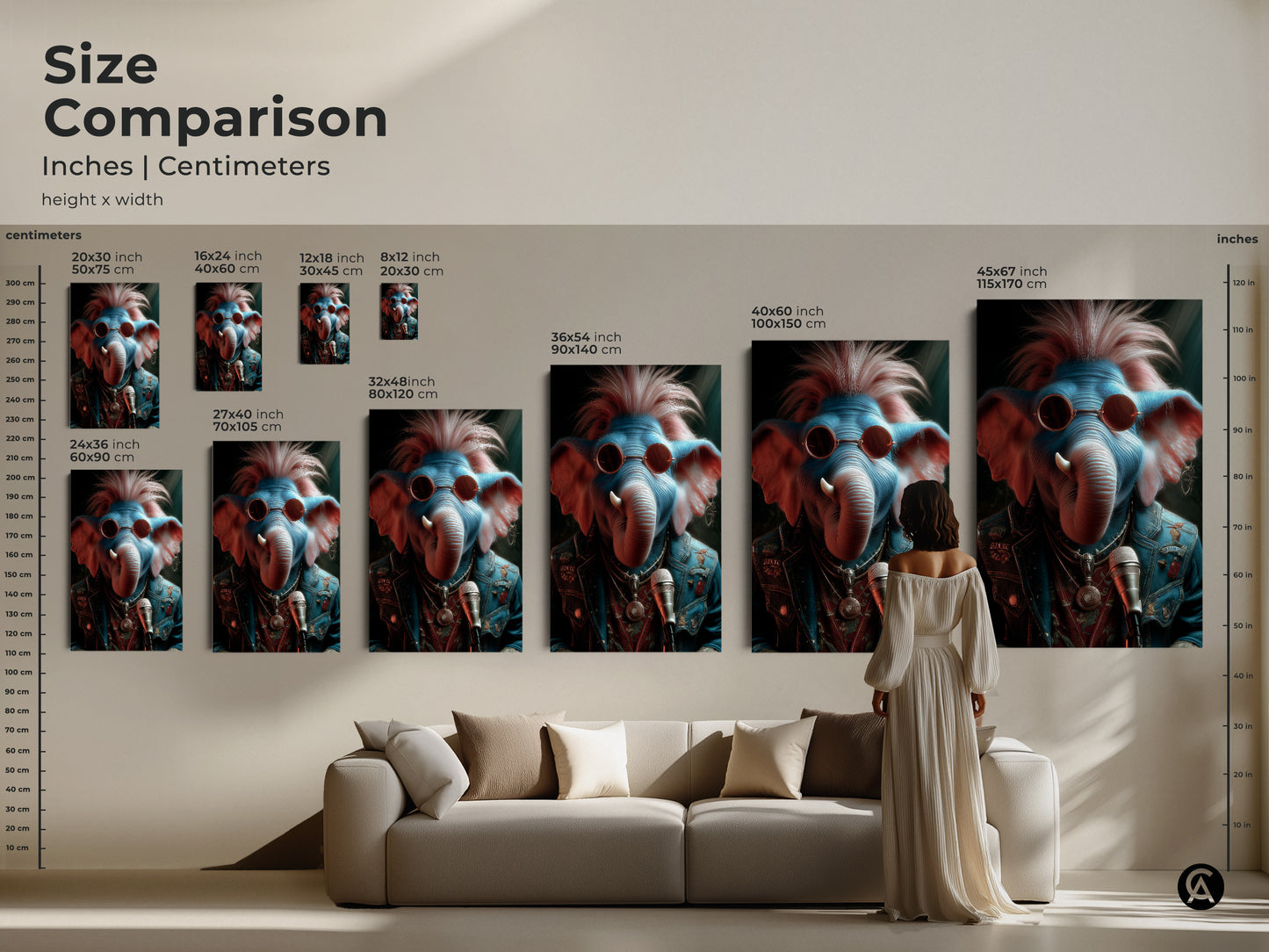 Compare sizes of this rockstar elephant canvas art. From small to large find the ideal dimensions for your wall. This punk rock art print will make a statement. Visualize the art in your living space with our size comparison tool. Great for music rooms and man caves.